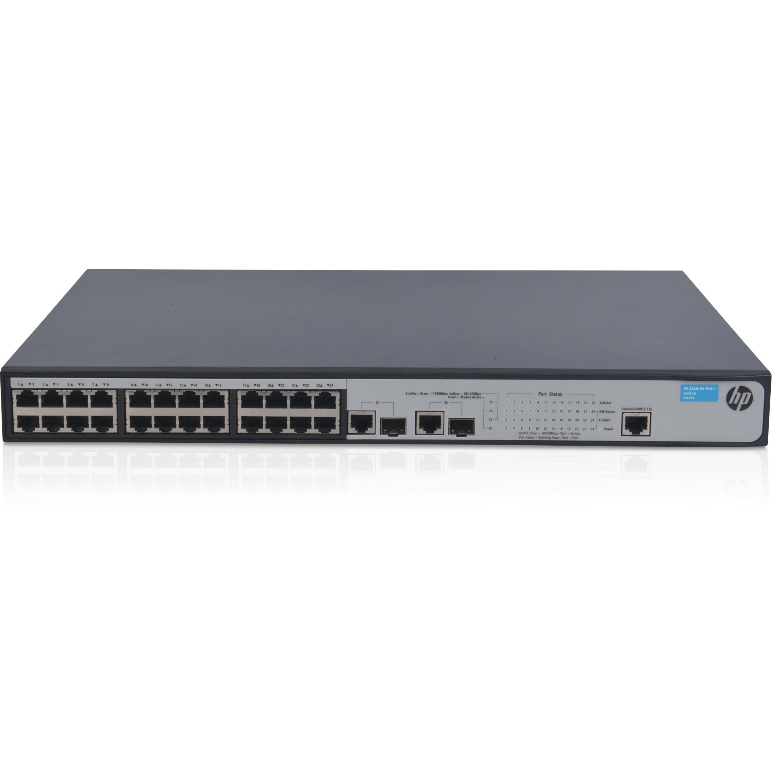 HPE 1910-24-PoE+ Switch - 24 Ports - Manageable - Fast Ethernet, Gigabit Ethernet - 10/100Base-TX, 10/100/1000Base-T - 2 Layer Supported - 2 SFP Slots - 220 W Power Consumption - 180 W PoE Budget - Twisted Pair - 1U - Rack-mountable