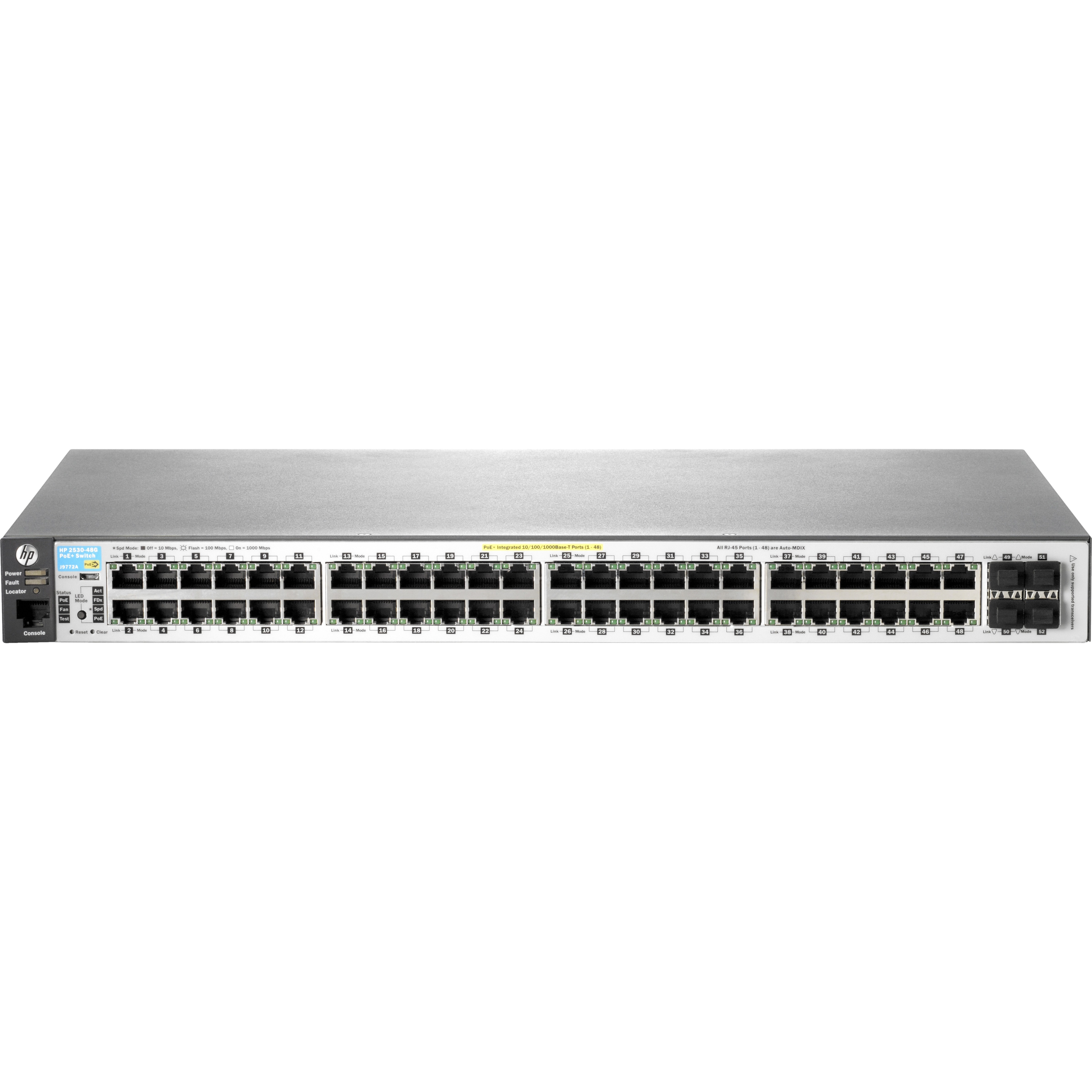 HPE 2530-48G-PoE+ Switch - 48 Ports - Manageable - Gigabit Ethernet - 10/100/1000Base-T, 1000Base-X - Refurbished - 2 Layer Supported - 4 SFP Slots - Twisted Pair, Optical Fiber - 1U - Rack-mountable, Wall Mountable, Desktop - Lifetime Limited Warranty