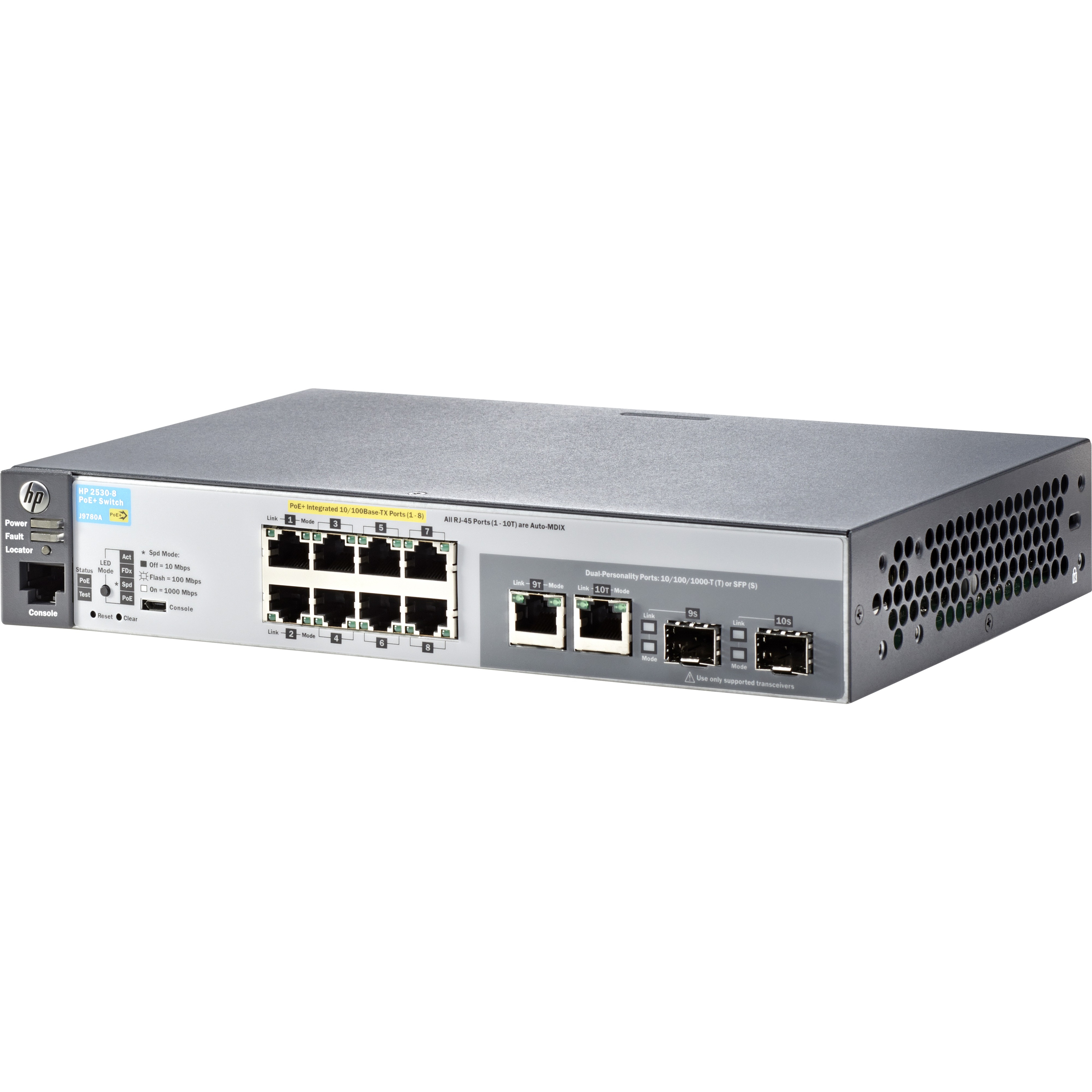 HPE 2530-8-PoE+ Switch - 8 Ports - Manageable - Fast Ethernet, Gigabit Ethernet - 10/100Base-TX, 10/100/1000Base-T, 1000Base-X - Refurbished - 2 Layer Supported - Modular - 2 SFP Slots - Twisted Pair, Optical Fiber - 1U - Rack-mountable, Wall Mountable, Desktop