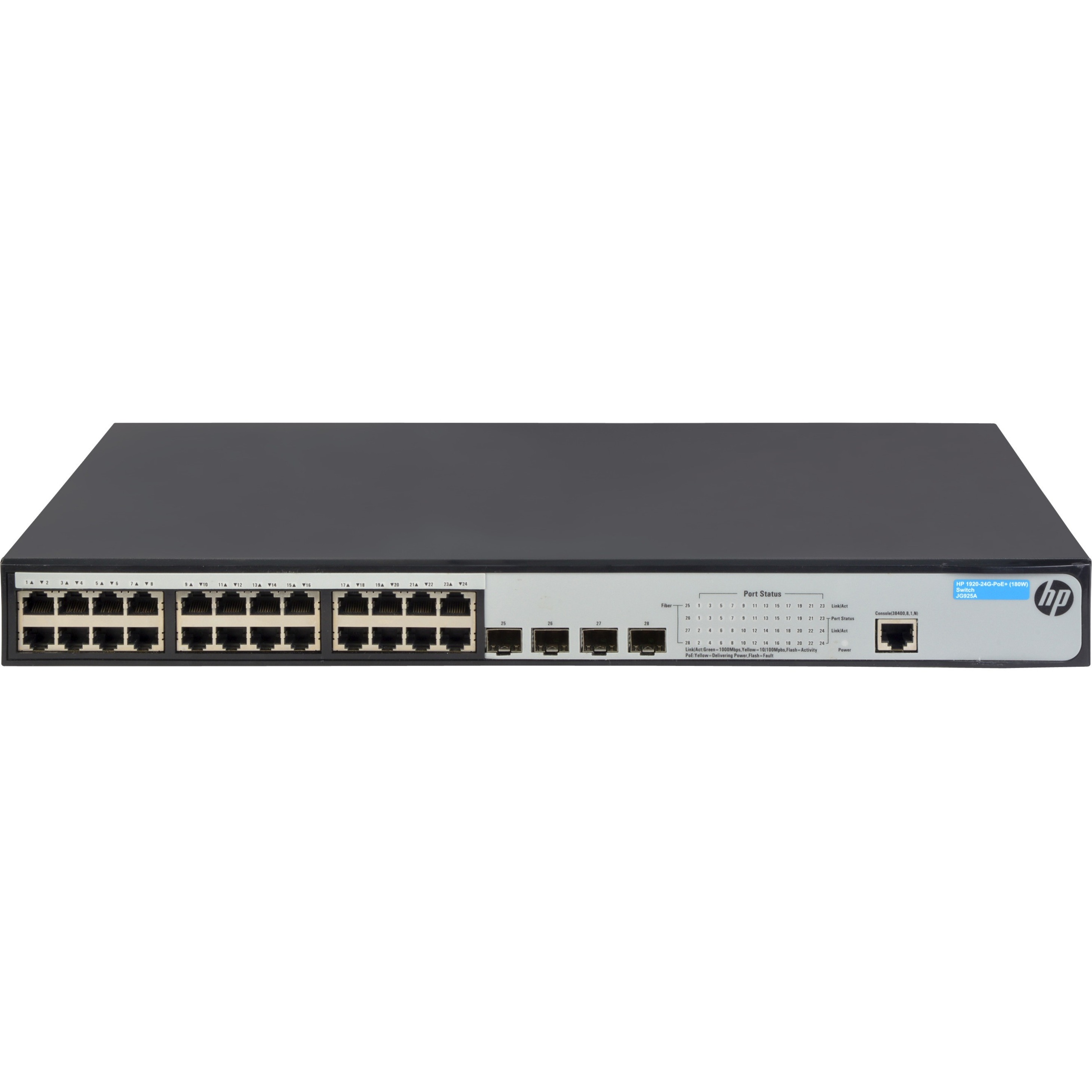 HPE 1920-24G-PoE+ (180W) Switch - 24 Ports - Manageable - Gigabit Ethernet - 10/100/1000Base-T, 1000Base-X - 3 Layer Supported - 4 SFP Slots - 235 W Power Consumption - 180 W PoE Budget - Twisted Pair - 1U - Rack-mountable