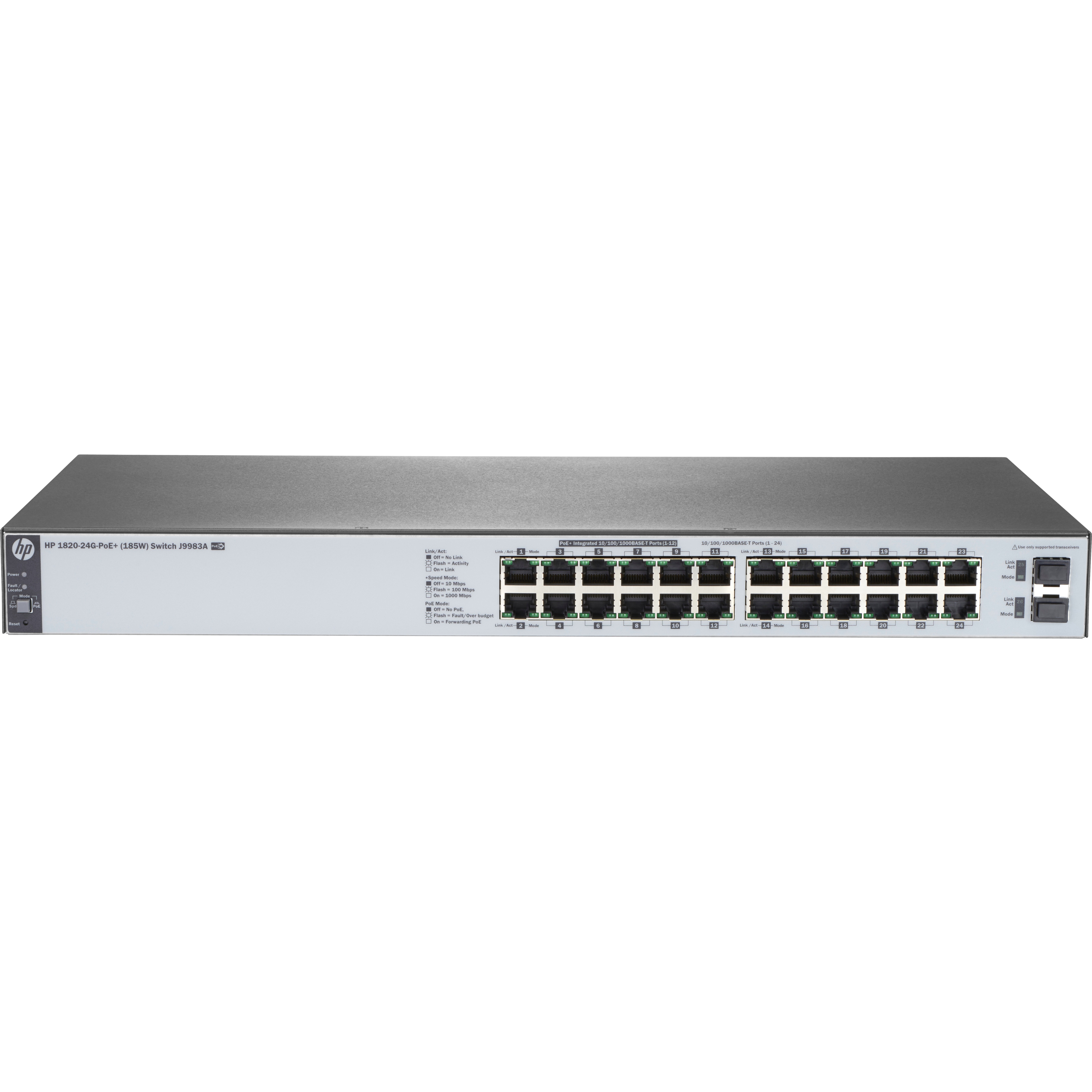 HPE 1820-24G-PPoE+ (185W) Switch - 24 Ports - Manageable - 10/100/1000Base-T, 1000Base-X - 2 Layer Supported - 2 SFP Slots - PoE Ports - 1U - Rack-mountable, Wall Mountable, Under Table, Desktop - Lifetime Limited Warranty