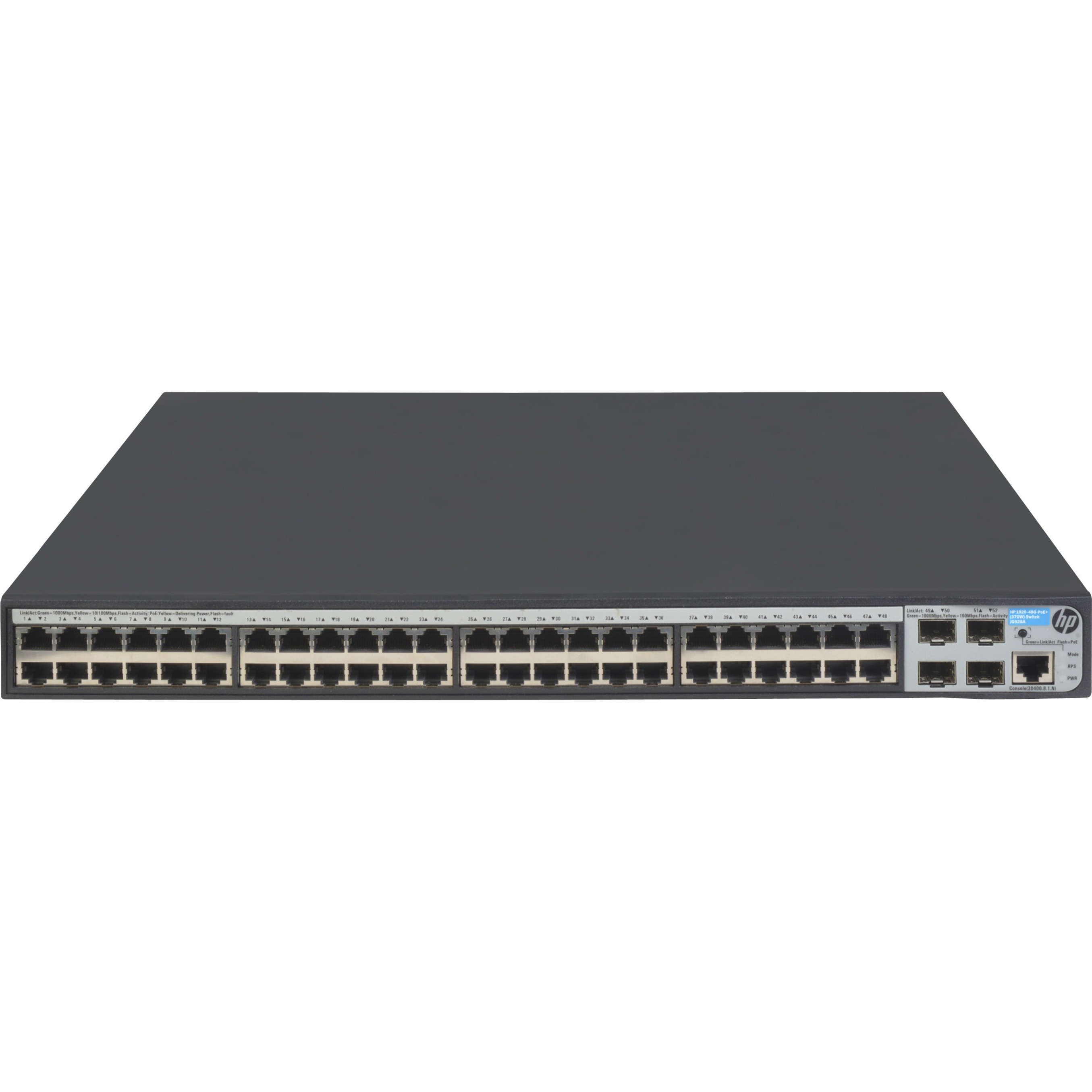 HPE 1920-48G-PoE+ (370W) Switch - 48 Ports - Manageable - Gigabit Ethernet - 10/100/1000Base-T, 1000Base-X - 2 Layer Supported - 4 SFP Slots - 492 W Power Consumption - 370 W PoE Budget - Twisted Pair, Optical Fiber - PoE Ports - 1U - Rack-mountable