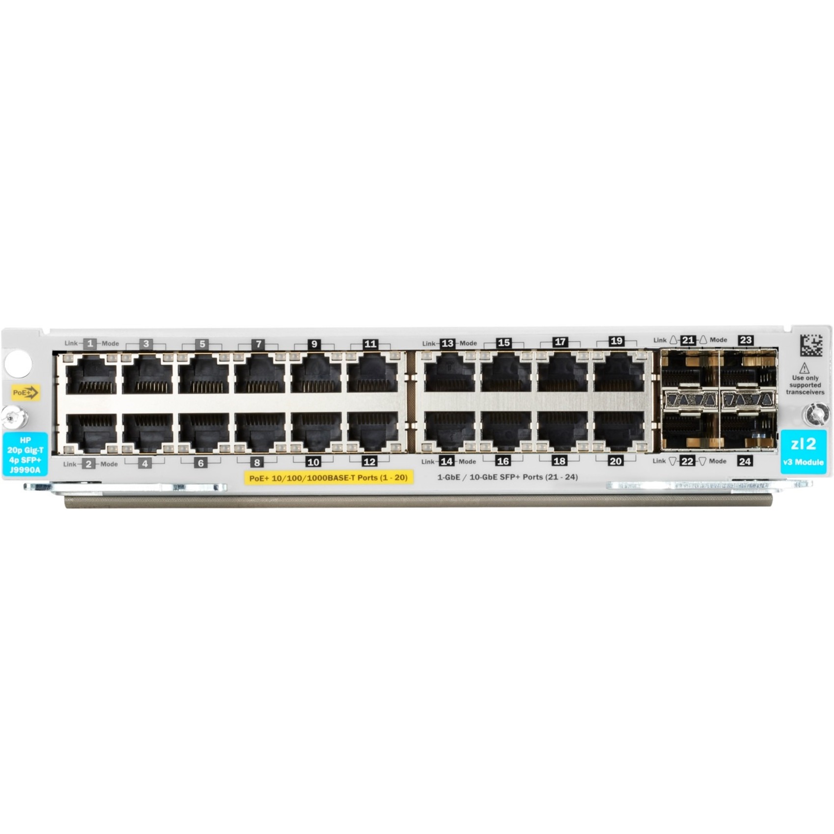 HPE 20-port 10/100/1000BASE-T PoE+ / 4-port 1G/10GbE SFP+ MACsec v3 zl2 Module - For Data Networking, Optical Network - 20 x RJ-45 1000Base-T LAN - Twisted Pair, Optical FiberGigabit Ethernet, 10 Gigabit Ethernet - 1000Base-T, 10GBase-X - 10 Gbit/s - 4 x Expansion Slots - SFP+ - 1