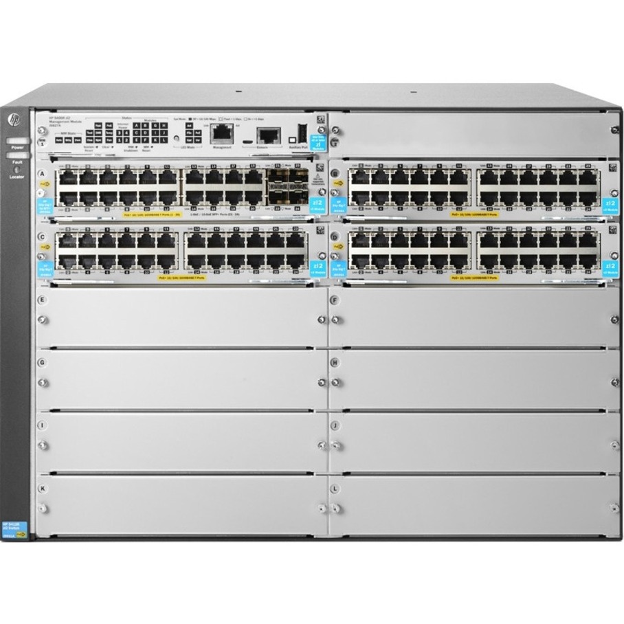 HPE 5412R 92GT PoE+/4SFP+ (No PSU) v3 zl2 Switch - 92 Ports - Manageable - Gigabit Ethernet, 10 Gigabit Ethernet - 10/100Base-TX, 10/100/1000Base-T, 10GBase-X - 3 Layer Supported - Modular - Twisted Pair, Optical Fiber - 7U - Rack-mountable - Lifetime Limited Warranty