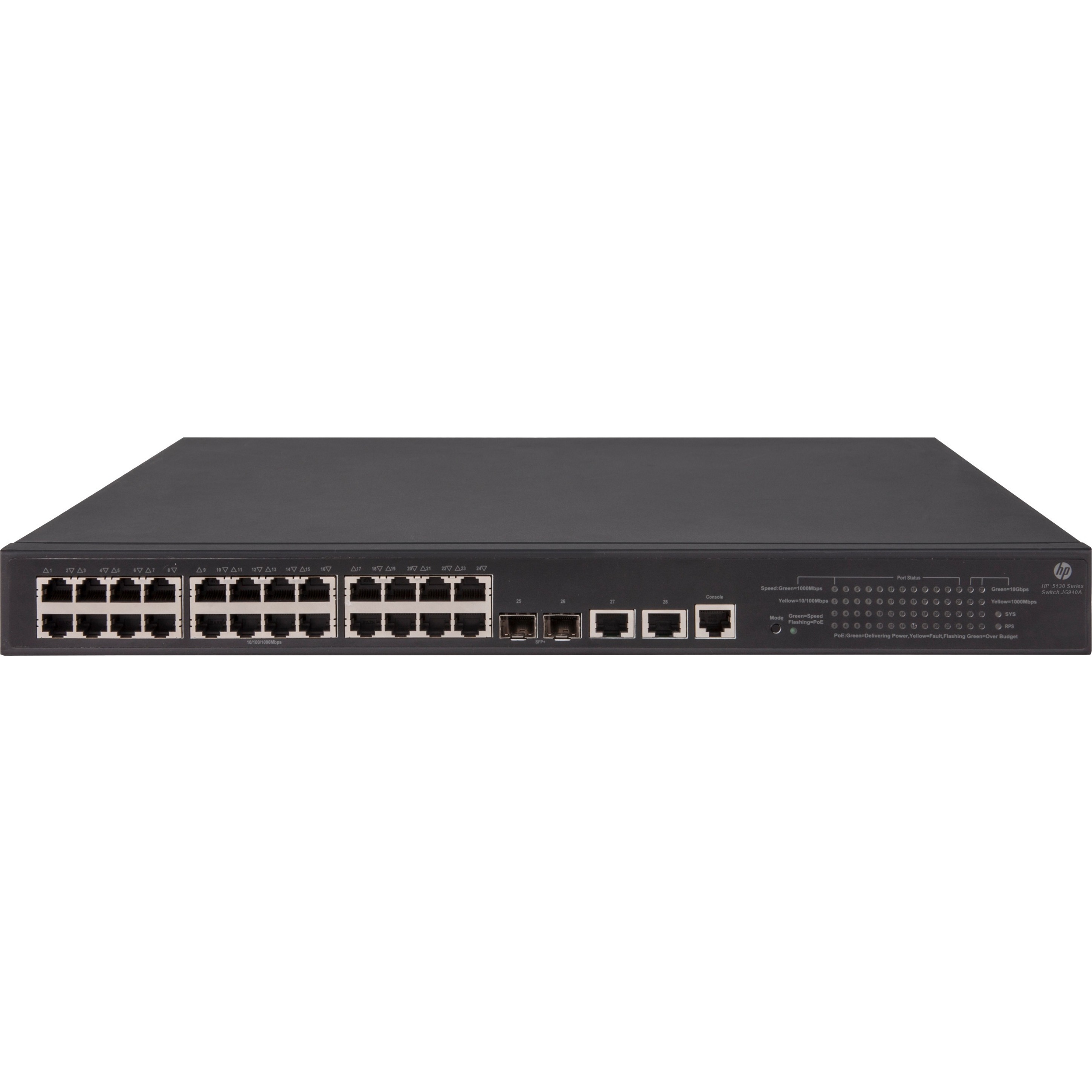 HPE 5130-24G-PoE+-2SFP+-2XGT (370W) EI Switch - 26 Ports - Manageable - Gigabit Ethernet, 10 Gigabit Ethernet - 10/100/1000Base-TX, 10GBase-X, 10GBase-T - 3 Layer Supported - Twisted Pair, Optical Fiber