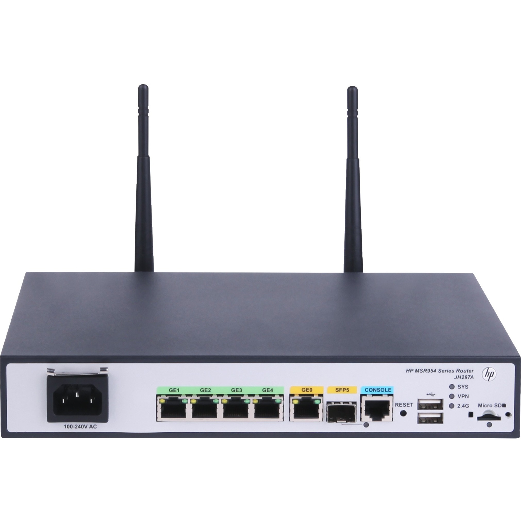 HPE MSR954-W Wi-Fi 4 IEEE 802.11n Ethernet Wireless Router - 2.40 GHz ISM Band - 2 x Antenna(2 x External) - 4 x Network Port - 1 x Broadband Port - USB - Gigabit Ethernet - VPN Supported - Desktop