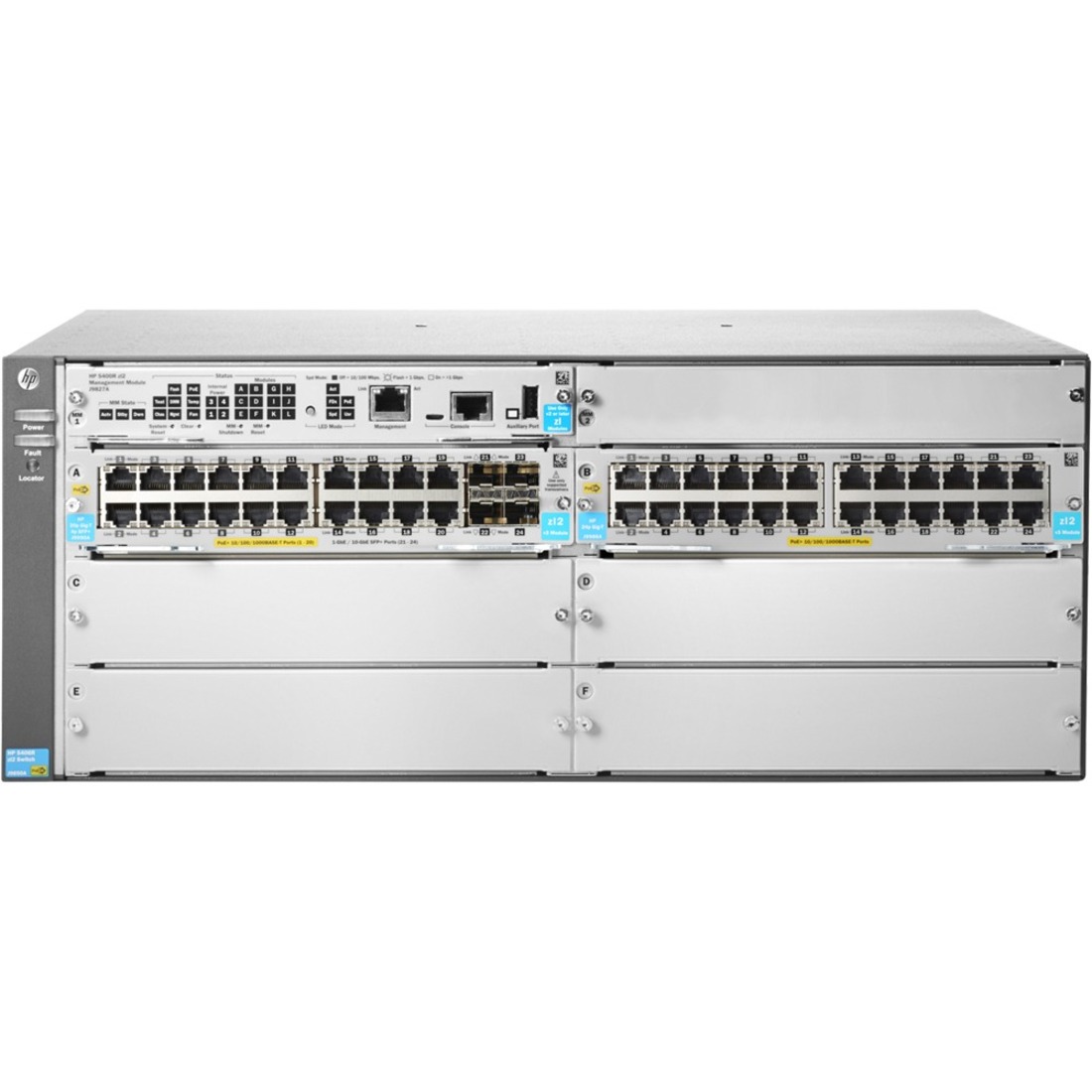 HPE 5406R 44GT PoE+/4SFP+ (No PSU) v3 zl2 Switch - 44 Ports - Manageable - Gigabit Ethernet, 10 Gigabit Ethernet - 10/100Base-TX, 10/100/1000Base-T, 10GBase-X - Refurbished - 3 Layer Supported - Modular - Twisted Pair, Optical Fiber - 4U - Rack-mountable