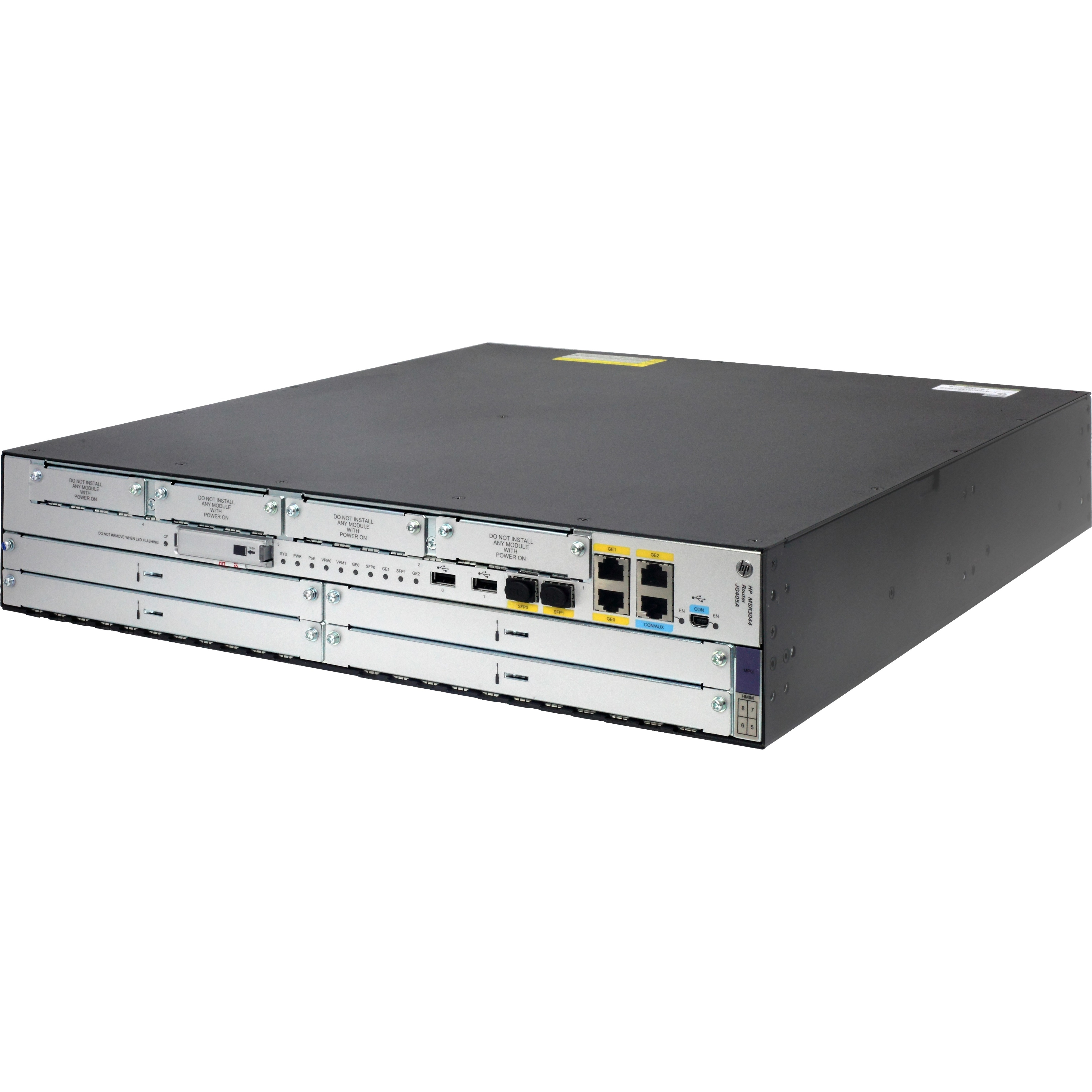 HPE MSR3044 Router - Refurbished - 3 Ports - Management Port - 12 - Gigabit Ethernet - Desktop, Rack-mountable - left view