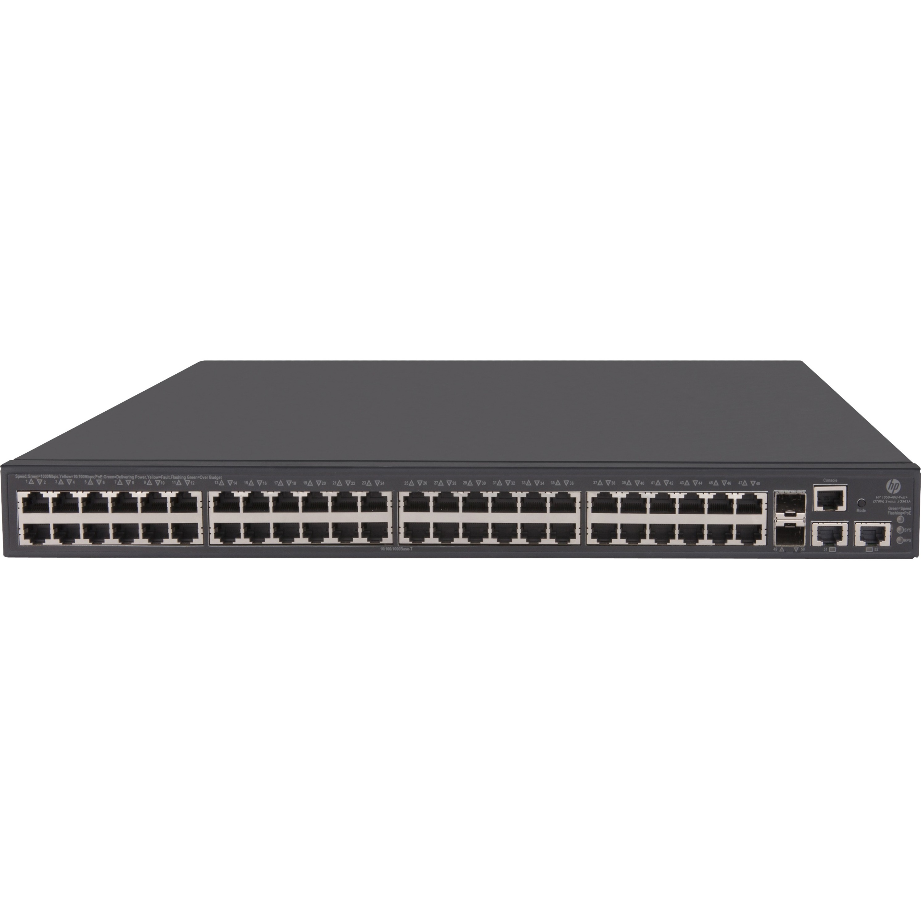 HPE 1950-48G-2SFP+-2XGT-PoE+(370W) Switch - 50 Ports - Manageable - Gigabit Ethernet, 10 Gigabit Ethernet - 10/100Base-TX, 10/100/1000Base-T, 10GBase-T, 10GBase-X - Refurbished - 3 Layer Supported - Modular - Twisted Pair, Optical Fiber - 1U - Rack-mountable