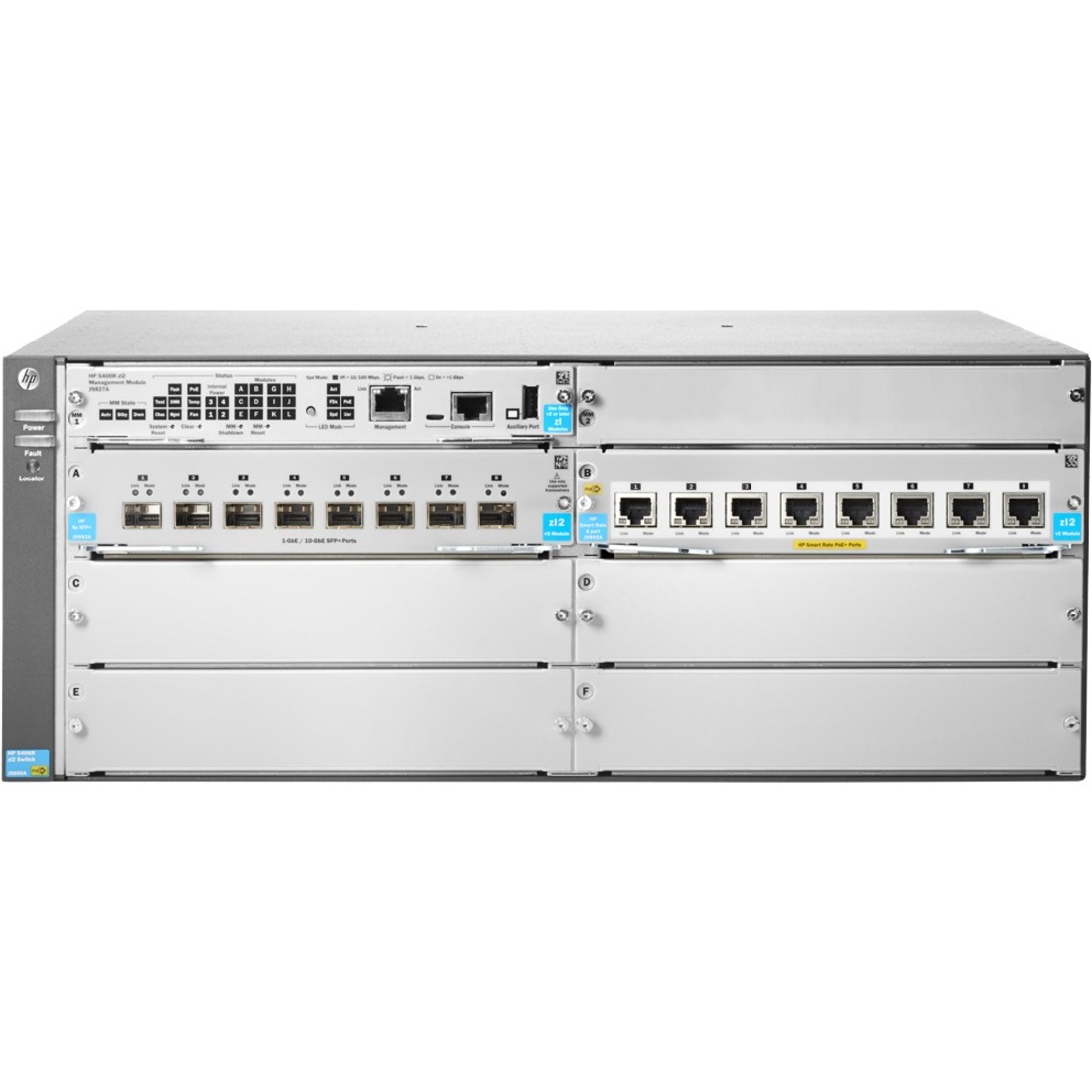 HPE 5406R 8-port 1/2.5/5/10GBASE-T PoE+/ 8-port SFP+ (No PSU) v3 zl2 Switch - 8 Ports - Manageable - Gigabit Ethernet, 10 Gigabit Ethernet - 1000Base-X, 10GBase-X - Refurbished - 3 Layer Supported - Modular - Twisted Pair, Optical Fiber - 4U - Rack-mountable
