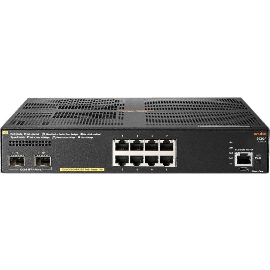 HPE 2930F 8G PoE+ 2SFP+ TAA Switch - 8 Ports - Manageable - 3 Layer Supported - Modular - 155 W Power Consumption - Twisted Pair, Optical Fiber - 1U - Rack-mountable, Desktop - Lifetime Limited Warranty - TAA Compliant