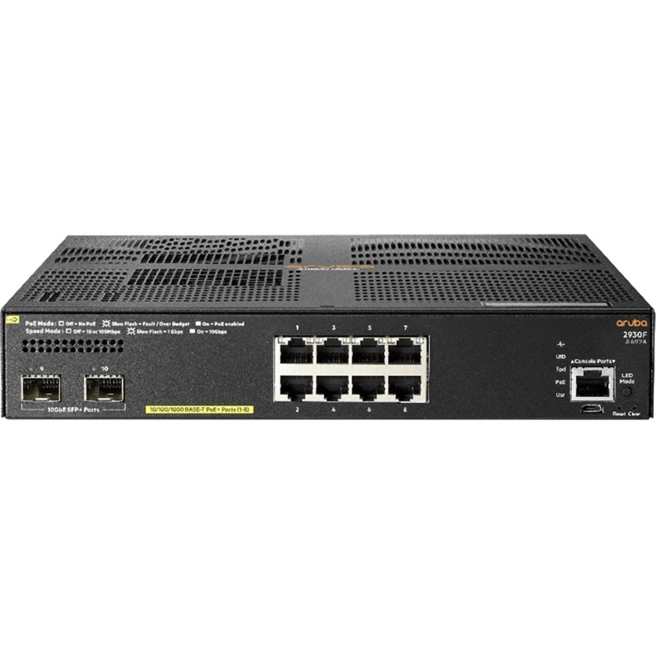 HPE 2930F 8G PoE+ 2SFP+ TAA Switch - 8 Ports - Manageable - 3 Layer Supported - Modular - 155 W Power Consumption - 125 W PoE Budget - Twisted Pair, Optical Fiber - PoE Ports - 1U - Rack-mountable, Desktop - Lifetime Limited Warranty - TAA Compliant