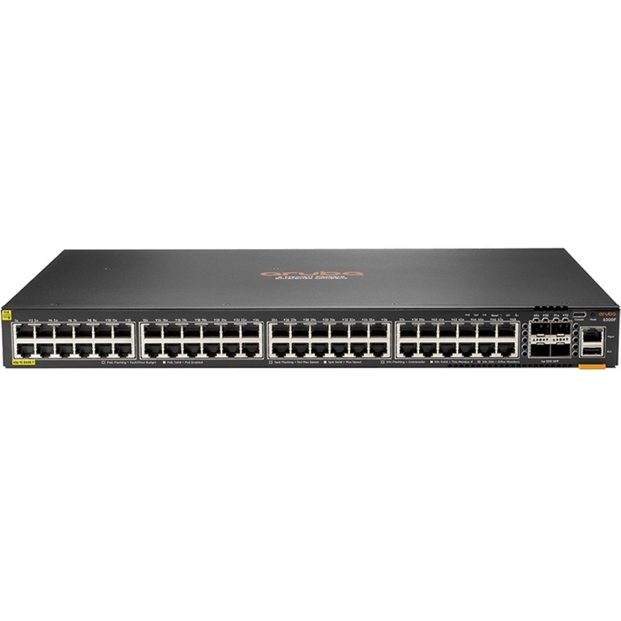 HPE 6300F 48-port 1GbE Class 4 PoE and 4-port SFP56 Switch - 48 Ports - Manageable - 3 Layer Supported - Modular - 4 SFP Slots - 86 W Power Consumption - Twisted Pair, Optical Fiber - 1U - Rack-mountable - Lifetime Limited Warranty