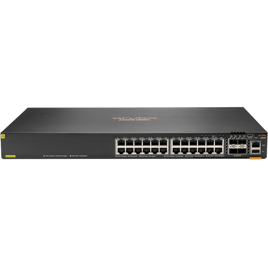 HPE 6300F 24-port 1GbE Class 4 PoE and 4-port SFP56 Switch - 24 Ports - Manageable - 3 Layer Supported - Modular - 4 SFP Slots - 67 W Power Consumption - Twisted Pair, Optical Fiber - 1U - Rack-mountable - Lifetime Limited Warranty