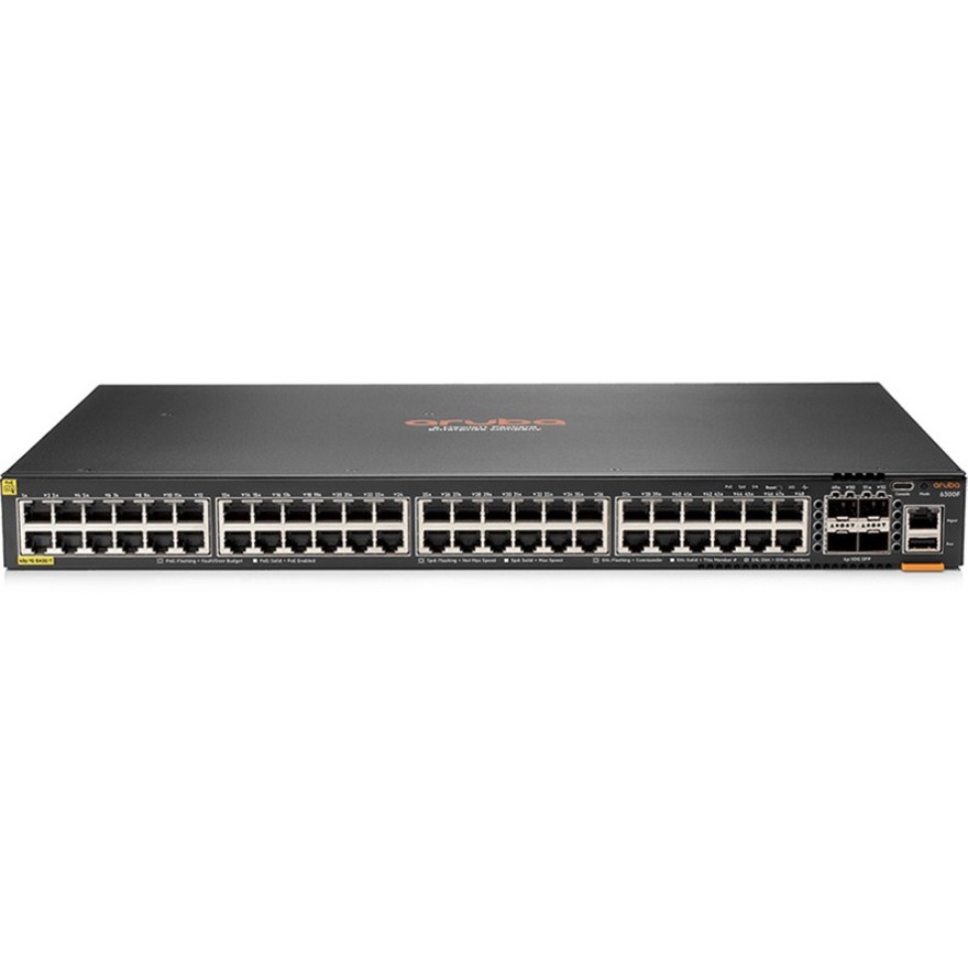 HPE 6300F 48-port 1GbE Class 4 PoE and 4-port SFP56 Switch - 48 Ports - Manageable - 3 Layer Supported - Modular - 4 SFP Slots - 86 W Power Consumption - Twisted Pair, Optical Fiber - 1U - Rack-mountable - Lifetime Limited Warranty
