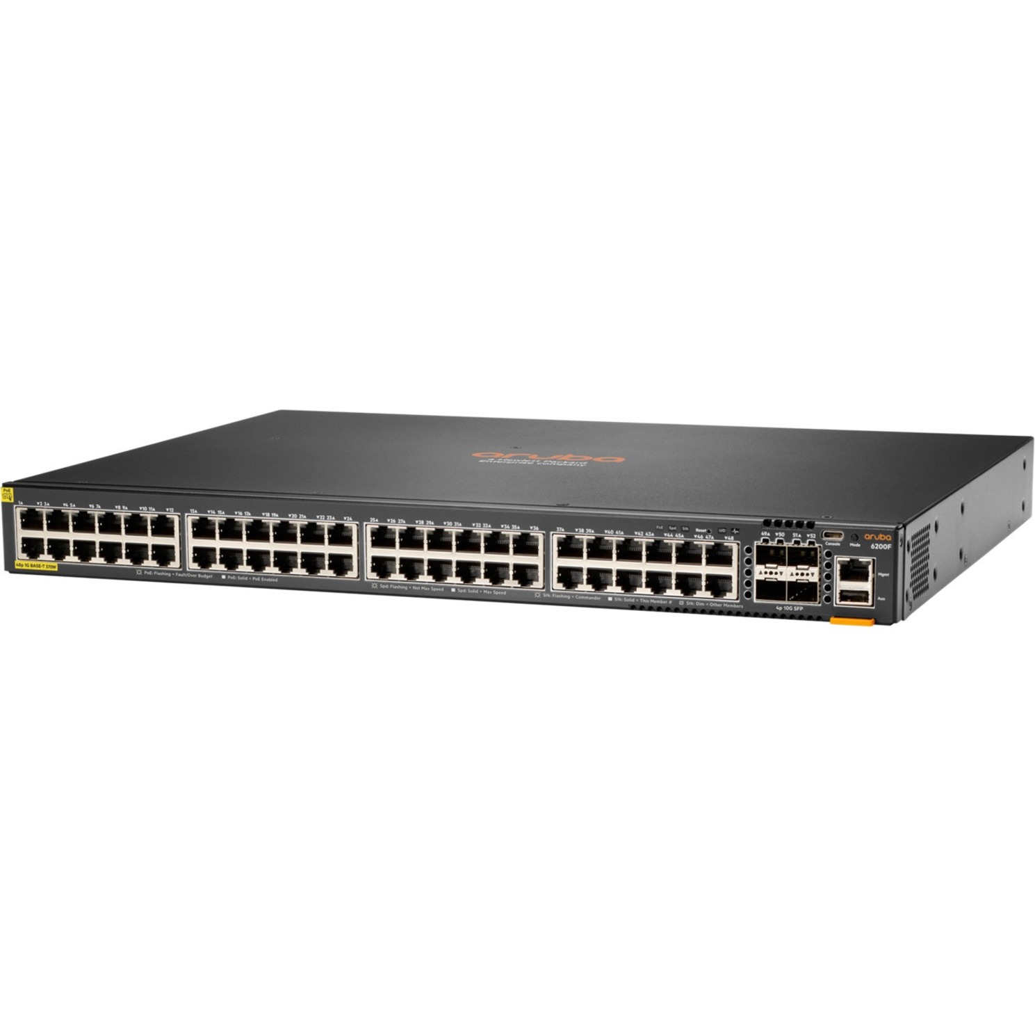 HPE 6200F 48G Class4 PoE 4SFP+ 370W Switch - 48 Ports - Manageable - Gigabit Ethernet, 10 Gigabit Ethernet - 10/100/1000Base-T, 10GBase-X - 3 Layer Supported - Modular - 60 W Power Consumption - 370 W PoE Budget - Optical Fiber, Twisted Pair - PoE Ports - 1U - Rack-mountable, Cabinet Mount, Surface Mount - Lifetime Limited Warranty - TAA Compliant