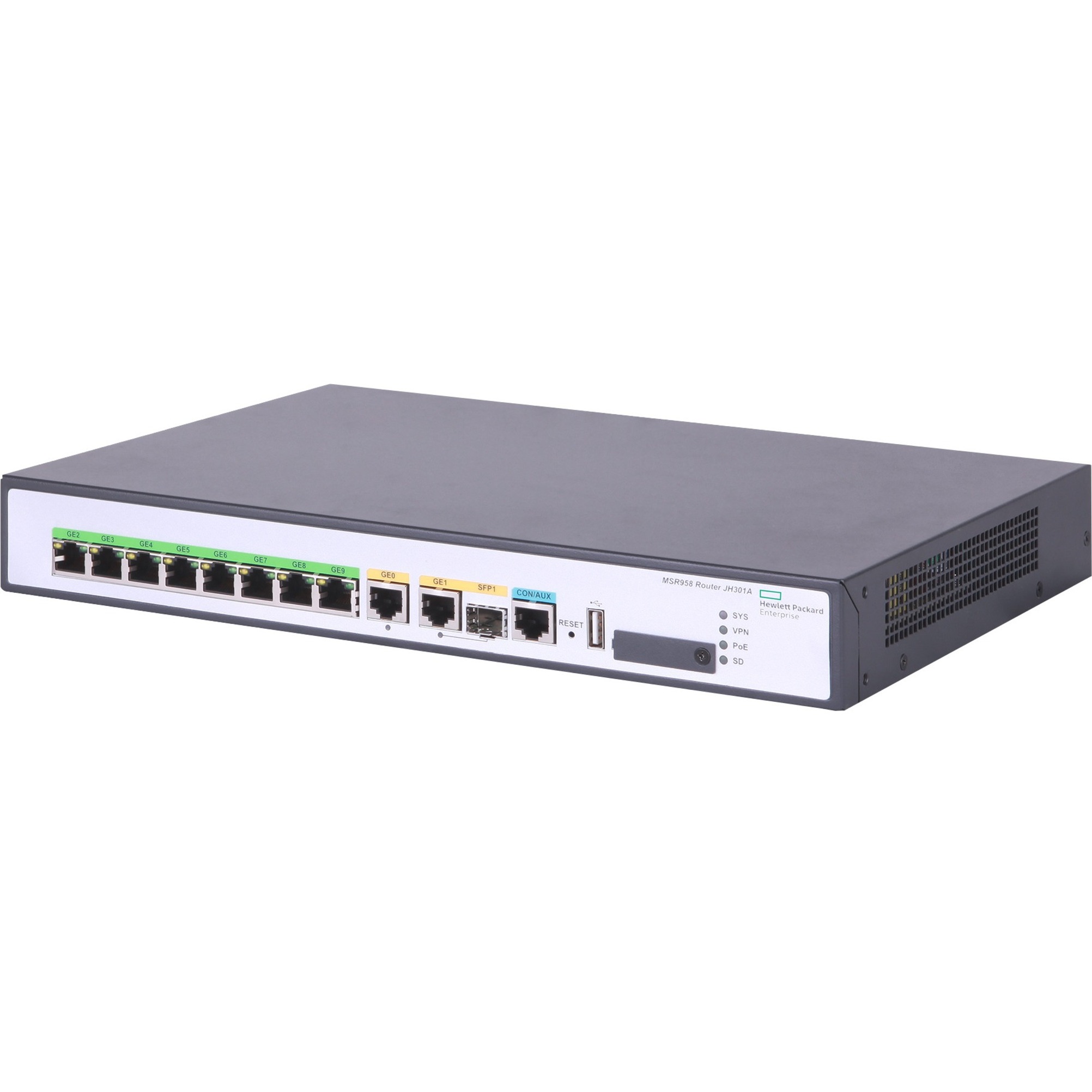 HPE FlexNetwork MSR958 1GbE and Combo 2GbE WAN 8GbE LAN PoE Router - 10 Ports - PoE Ports - Management Port - 1 - Gigabit Ethernet - 1U - Rack-mountable