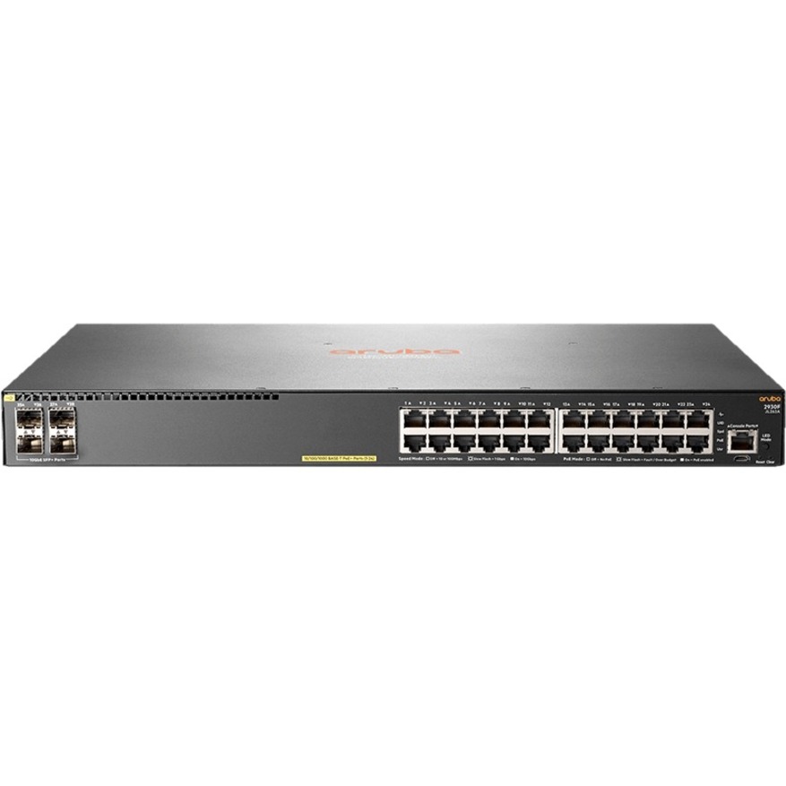 HPE 2930F 24G PoE+ 4SFP+ TAA-compliant Switch - 24 Ports - Manageable - 4 Layer Supported - Modular - 445 W Power Consumption - 370 W PoE Budget - Optical Fiber, Twisted Pair - PoE Ports - 1U - Rack-mountable - Lifetime Limited Warranty - TAA Compliant