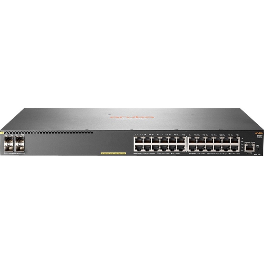 HPE 2930F 24G PoE+ 4SFP+ TAA-compliant Switch - 24 Ports - Manageable - Gigabit Ethernet, 10 Gigabit Ethernet - 10/100/1000Base-T, 10GBase-X - 3 Layer Supported - Modular - 36.80 W Power Consumption - 370 W PoE Budget - Optical Fiber, Twisted Pair - PoE Ports - 1U - Rack-mountable - Lifetime Limited Warranty - TAA Compliant