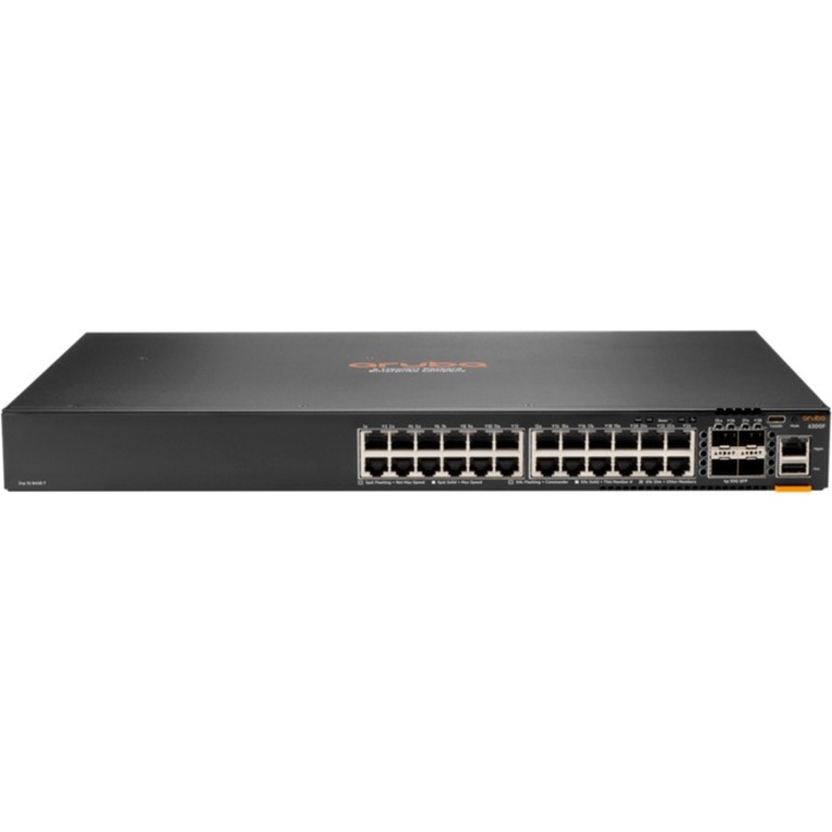 HPE 6300F 24-port 1GbE and 4-port SFP56 Switch - 24 Ports - Manageable - Gigabit Ethernet, 50 Gigabit Ethernet - 10/100/1000Base-T, 50GBase-X - 3 Layer Supported - Modular - 4 SFP Slots - 63 W Power Consumption - Optical Fiber, Twisted Pair - 1U - Rack-mountable, Cabinet Mount, Surface Mount - Lifetime Limited Warranty - TAA Compliant