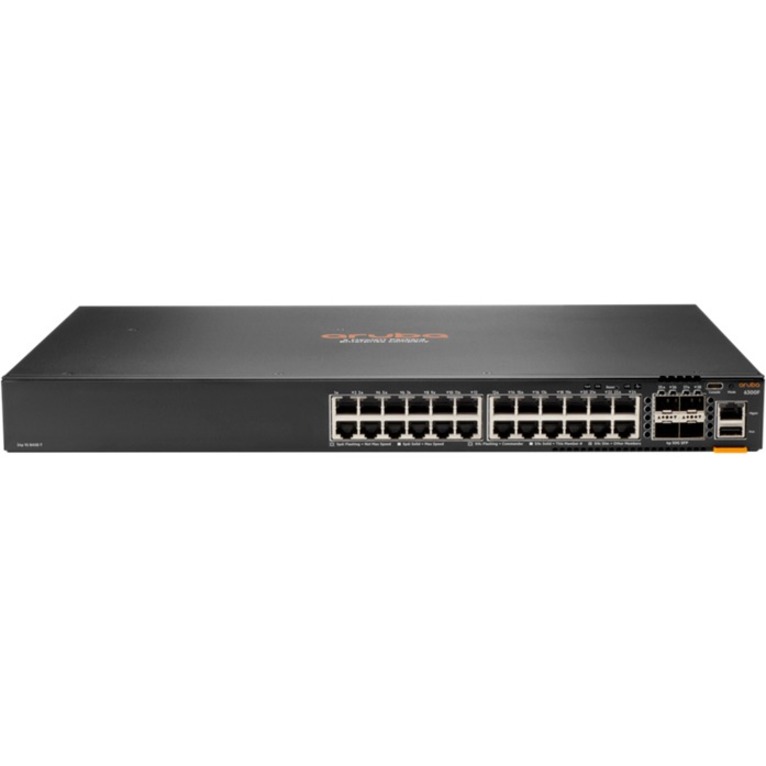 HPE 6300F 24-port 1GbE and 4-port SFP56 Switch - 24 Ports - Manageable - Gigabit Ethernet, 50 Gigabit Ethernet - 10/100/1000Base-T, 50GBase-X - 3 Layer Supported - Modular - 4 SFP Slots - 63 W Power Consumption - Optical Fiber, Twisted Pair - 1U - Rack-mountable, Cabinet Mount, Surface Mount - Lifetime Limited Warranty - TAA Compliant