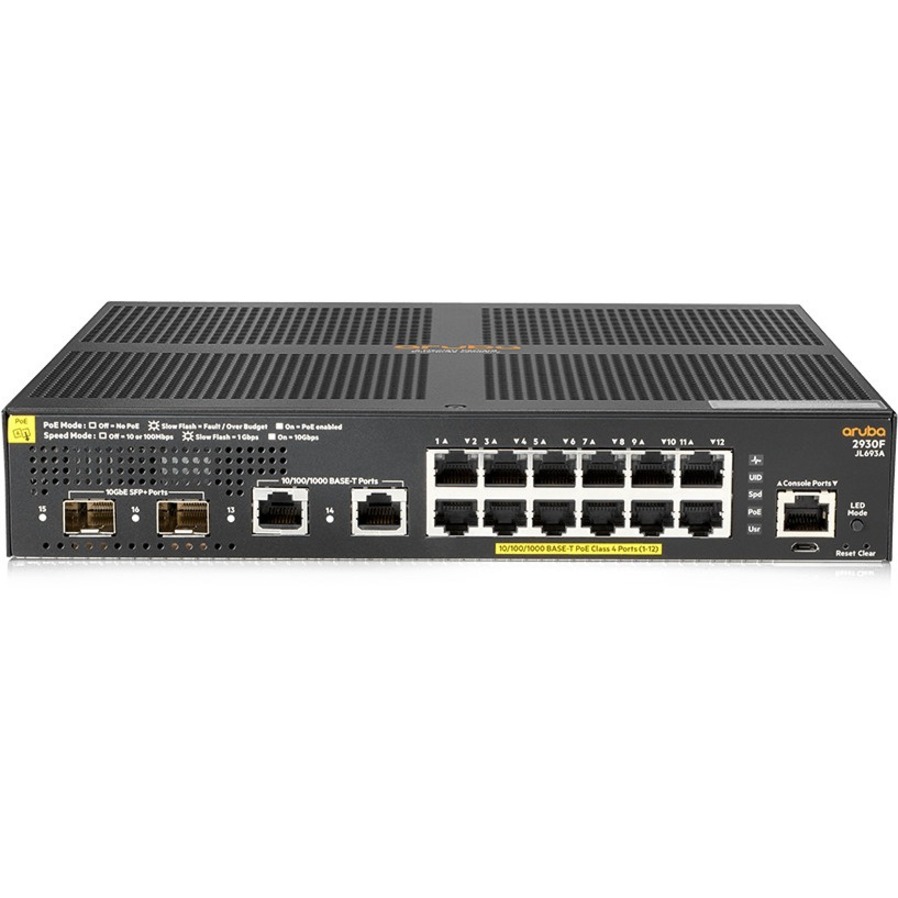 HPE 2930F 12G PoE+ 2G/2SFP+ Switch - 16 Ports - Manageable - 3 Layer Supported - Modular - 170 W Power Consumption - Twisted Pair, Optical Fiber - Rack-mountable