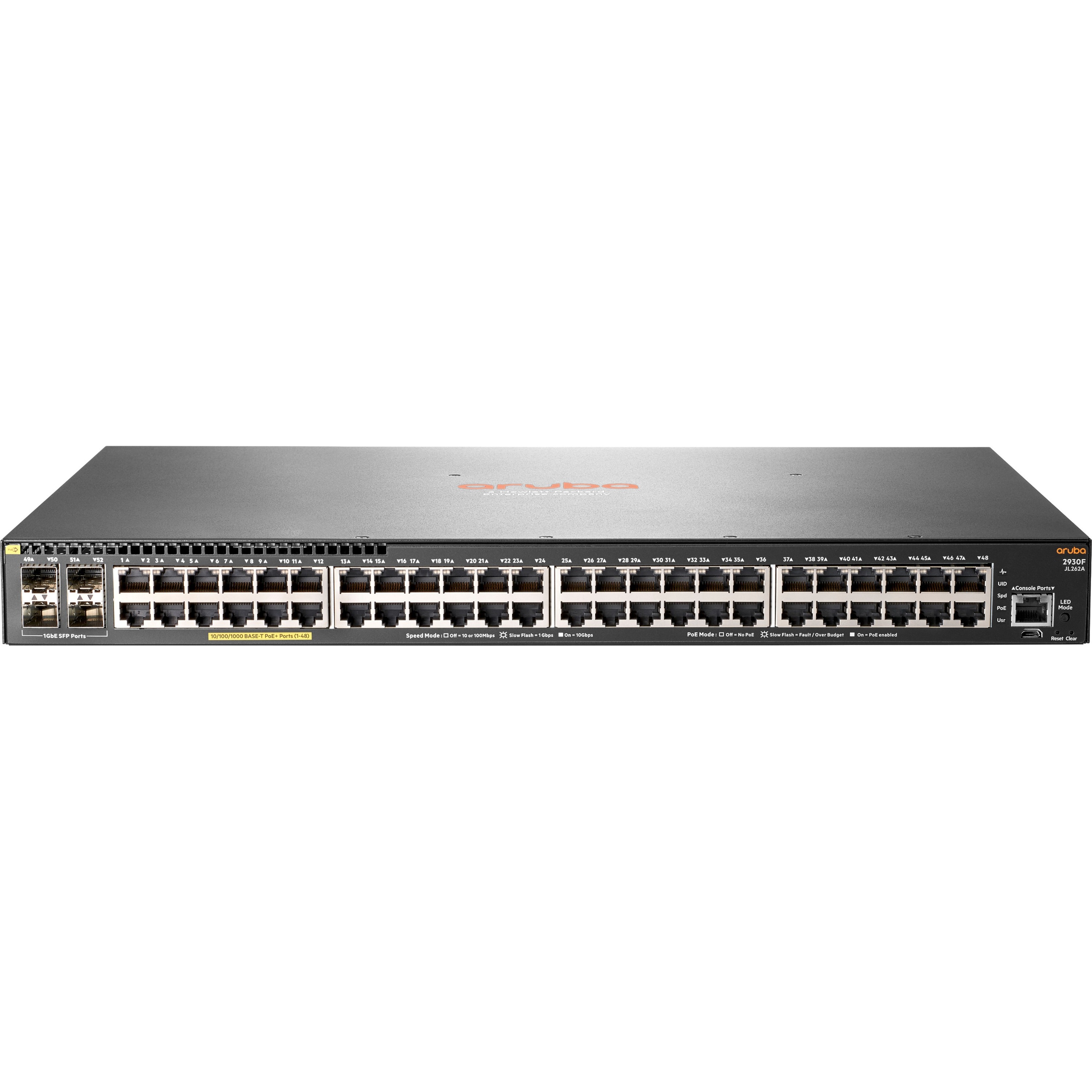 HPE 2930F 48G PoE+ 4SFP Switch - 48 Ports - Manageable - Gigabit Ethernet - 10/100/1000Base-T, 1000Base-X - Refurbished - 3 Layer Supported - Modular - 4 SFP Slots - Twisted Pair, Optical Fiber - 1U - Desktop, Rack-mountable