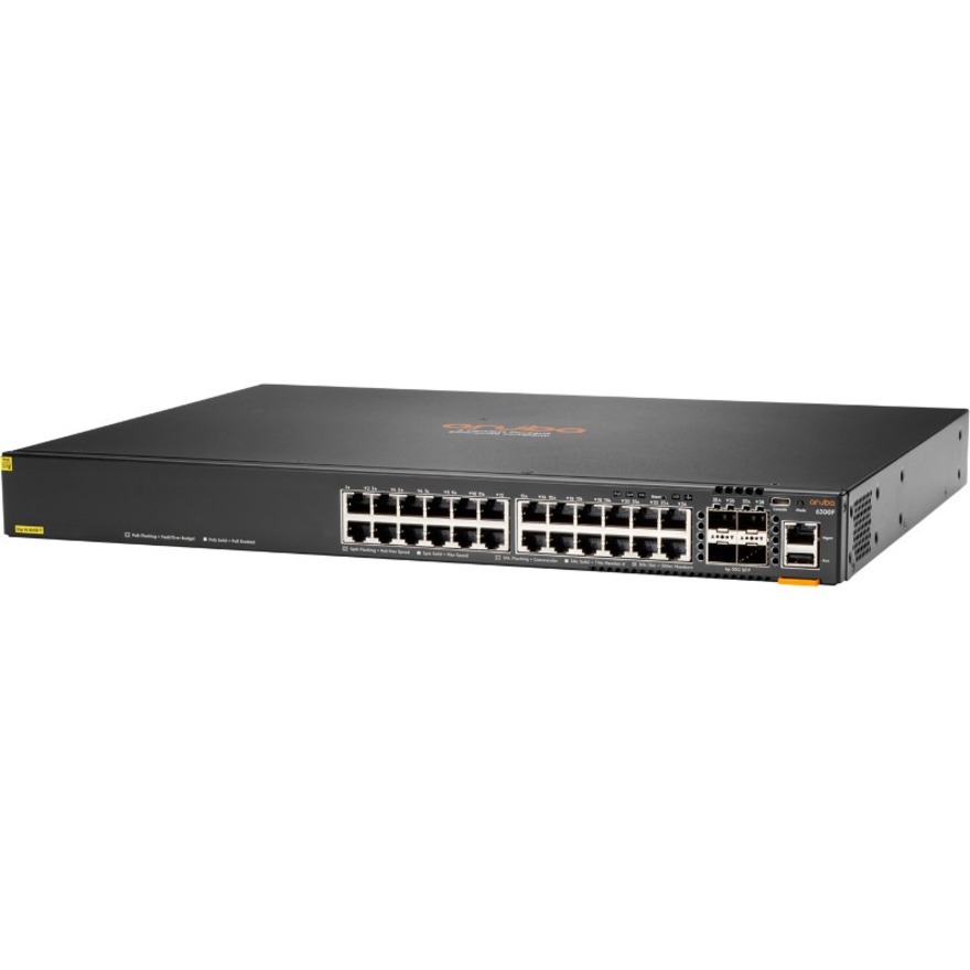 HPE 6300F 24-port 1GbE Class 4 PoE and 4-port SFP56 Switch - 24 Ports - Manageable - Gigabit Ethernet, 50 Gigabit Ethernet - 10/100/1000Base-T, 50GBase-X - Refurbished - 3 Layer Supported - Modular - 4 SFP Slots - Twisted Pair, Optical Fiber - PoE Ports - 1U - Rack-mountable