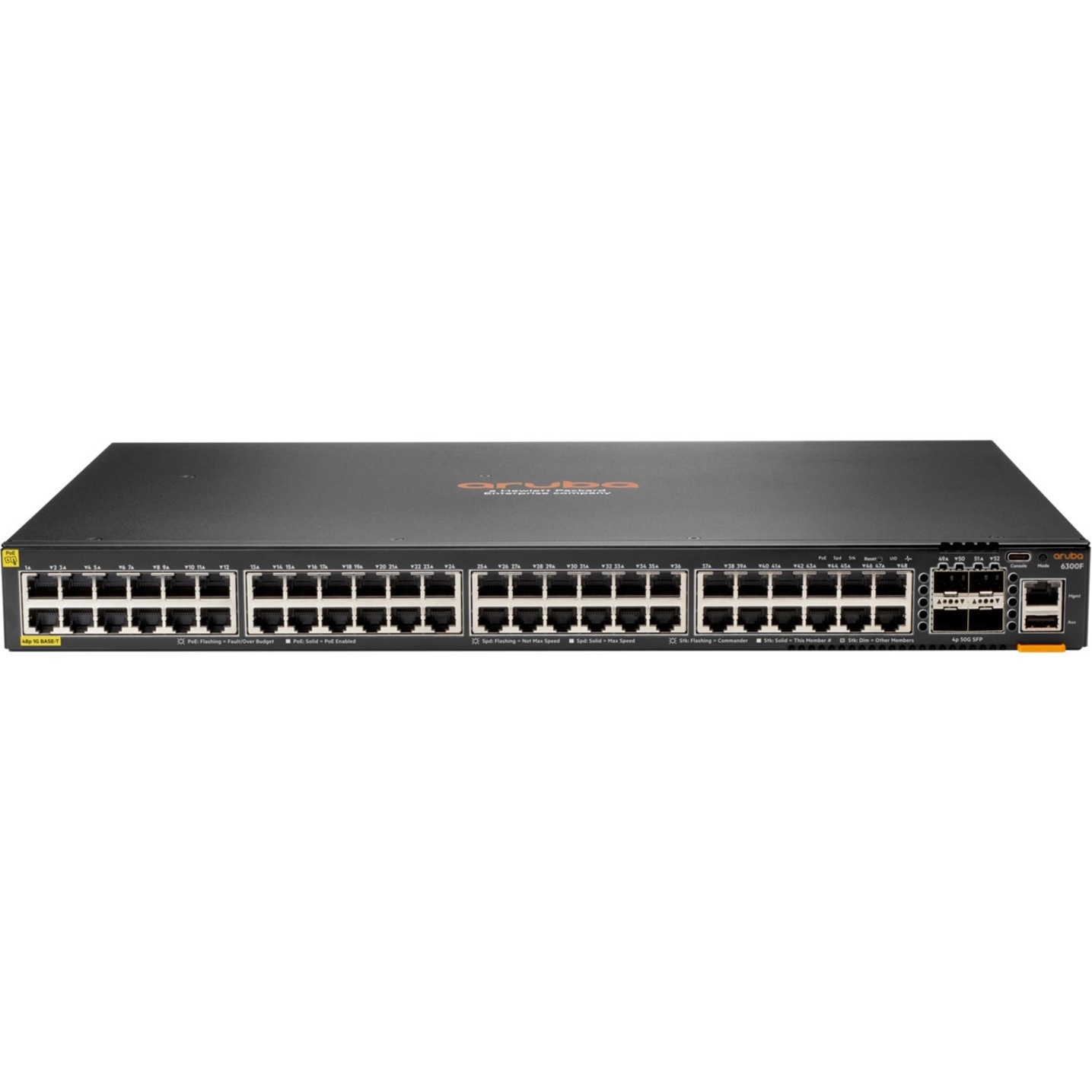 HPE 6300F 48-port 1GbE Class 4 PoE and 4-port SFP56 Switch - 48 Ports - Manageable - 3 Layer Supported - Modular - 4 SFP Slots - 86 W Power Consumption - 740 W PoE Budget - Twisted Pair, Optical Fiber - PoE Ports - 1U - Rack-mountable - Lifetime Limited Warranty