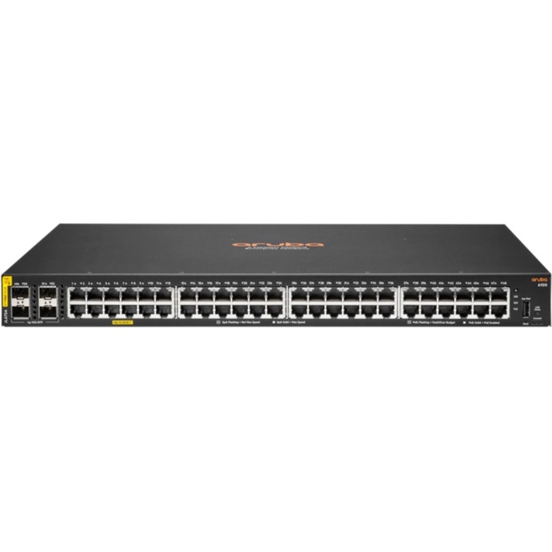 HPE 6100 48G Class4 PoE 4SFP+ 370W Switch - 48 Ports - Manageable - 3 Layer Supported - Modular - 30.60 W Power Consumption - 370 W PoE Budget - Twisted Pair, Optical Fiber - PoE Ports - 1U - Rack-mountable, Wall Mountable - Lifetime Limited Warranty