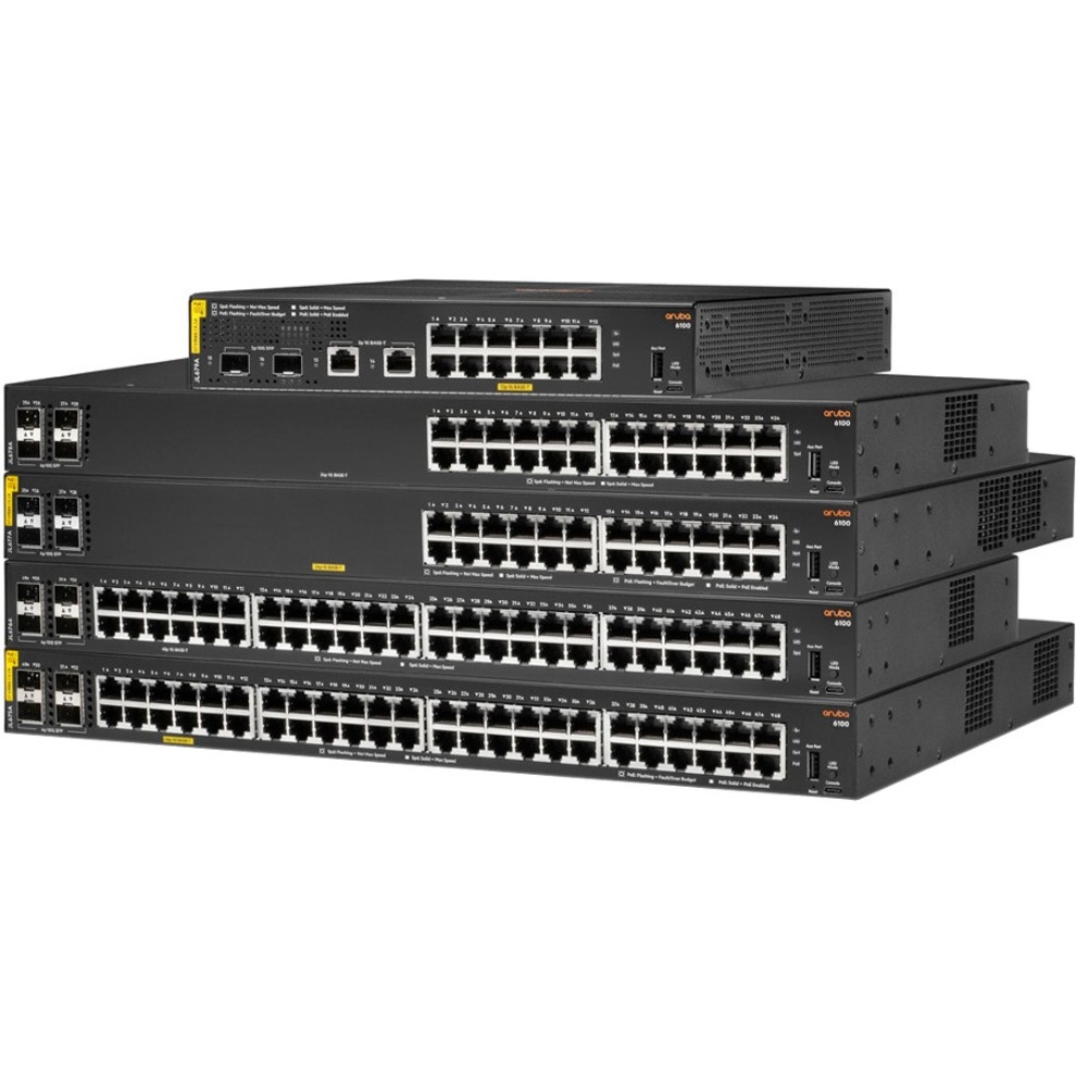 HPE 6100 24G 4SFP+ Switch - 24 Ports - 3 Layer Supported - Modular - 33 W Power Consumption - Twisted Pair, Optical Fiber - 1U - Rack-mountable, Wall Mountable - Lifetime Limited Warranty