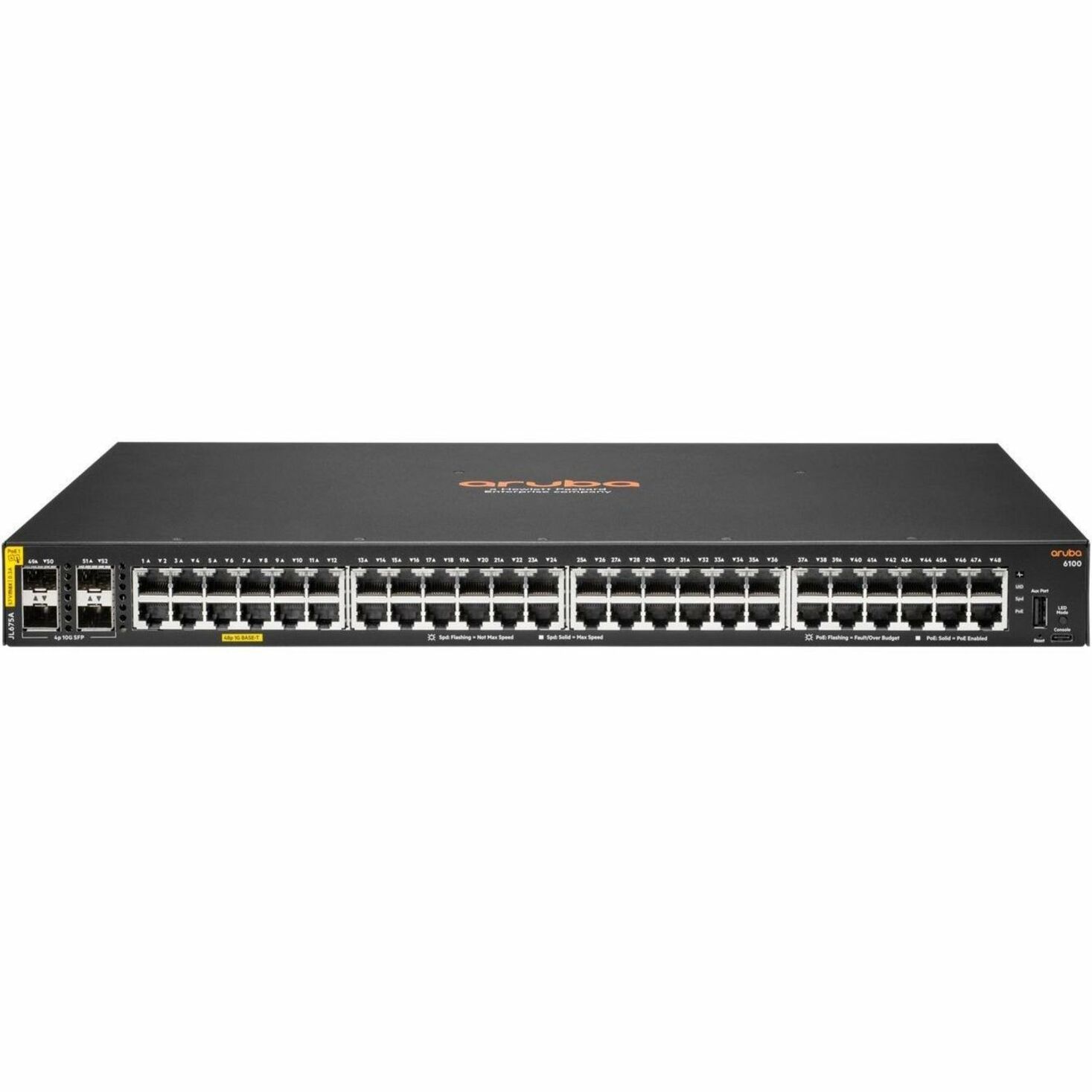 HPE 6100 48G Class4 PoE 4SFP+ 370W Switch - 48.0 Ports - Gigabit Ethernet, 10 Gigabit Ethernet - 10/100/1000Base-T, 10GBase-X - 3 Layer Supported - Modular - 30.60 W Power Consumption - 370 W PoE Budget - Twisted Pair, Optical Fiber - PoE Ports - 1U - Rack-mountable, Wall Mountable