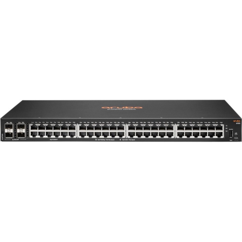 HPE 6100 48G 4SFP+ Switch - 48 Ports - Manageable - Gigabit Ethernet, 10 Gigabit Ethernet - 10/100/1000Base-T, 10GBase-X - 3 Layer Supported - Modular - 44.20 W Power Consumption - Twisted Pair, Optical Fiber - 1U - Rack-mountable, Wall Mountable, Surface Mount, Cabinet Mount - Lifetime Limited Warranty