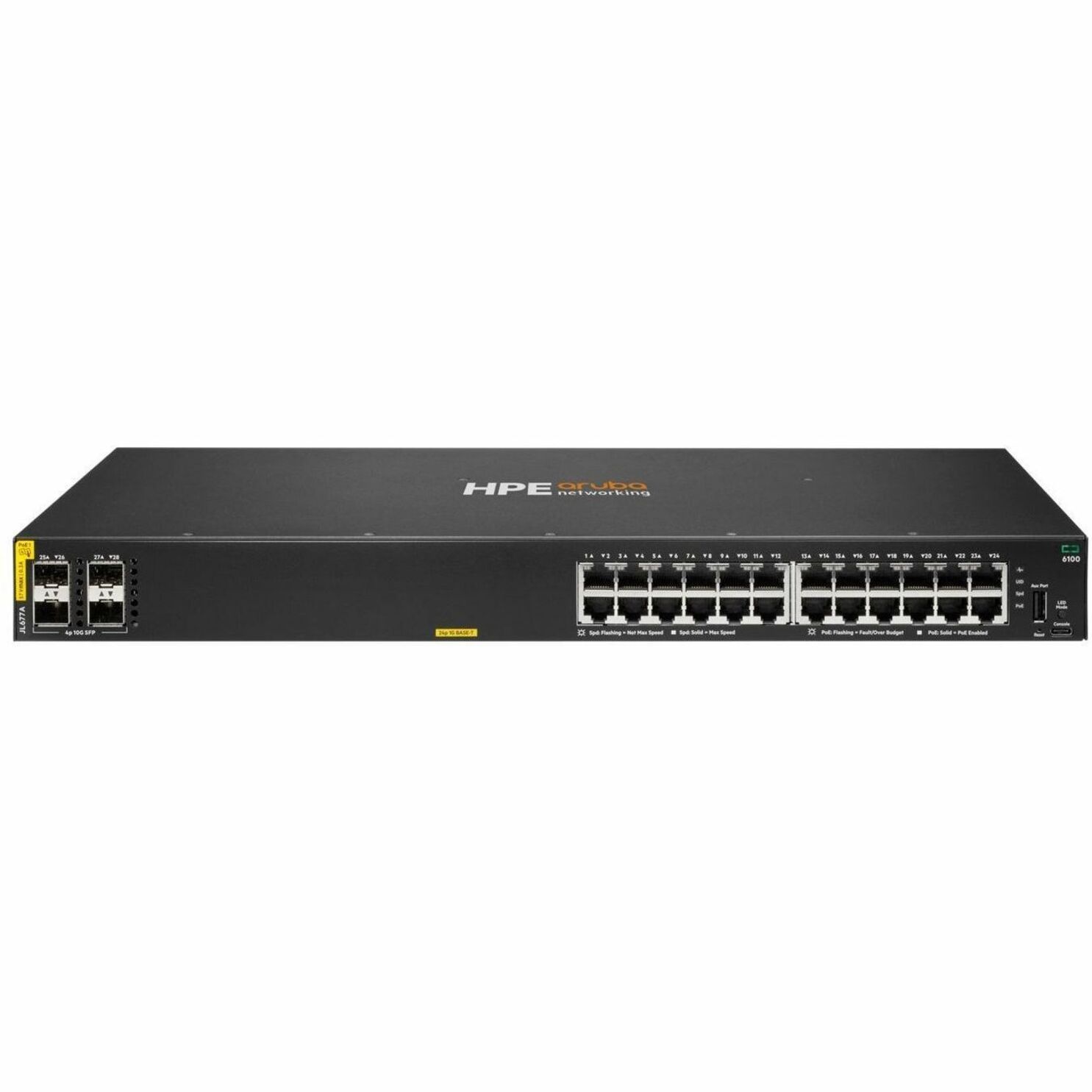 Aruba CX 6100 24G Class4 PoE 4SFP+ 370W Switch - 24 Ports - Manageable - Gigabit Ethernet, 10 Gigabit Ethernet - 10/100/1000Base-T, 10GBase-X - 3 Layer Supported - Modular - 455 W Power Consumption - 370 W PoE Budget - Twisted Pair, Optical Fiber - PoE Ports - 1U - Rack-mountable, Wall Mountable, Cabinet Mount, Surface Mount, Compact - Lifetime Limited Warranty