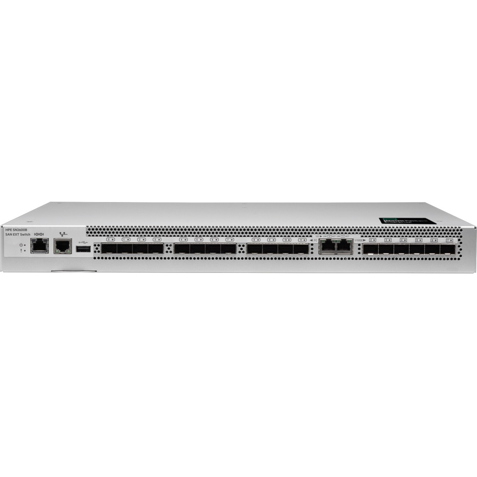HPE SN2600B 32Gb 12/12 Power Pack+ 12-port 16Gb Short Wave SFP+ SAN Extension Switch - 20 Ports - 16 Gbit/s - 12 Fiber Channel Ports - 8 x RJ-45 - 10 Gigabit Ethernet - 12 x Total Expansion Slots - Rack-mountable - 1U - 1 Year