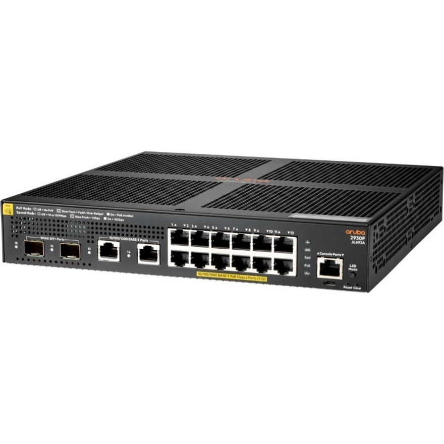 HPE 2930F 12G PoE+ 2G/2SFP+ Switch - 14 Ports - Manageable - Gigabit Ethernet, 10 Gigabit Ethernet - 10/100/1000Base-T, 10GBase-X - 3 Layer Supported - Modular - 170 W Power Consumption - 139 W PoE Budget - Optical Fiber, Twisted Pair - PoE Ports - 1U - Rack-mountable - Lifetime Limited Warranty - TAA Compliant