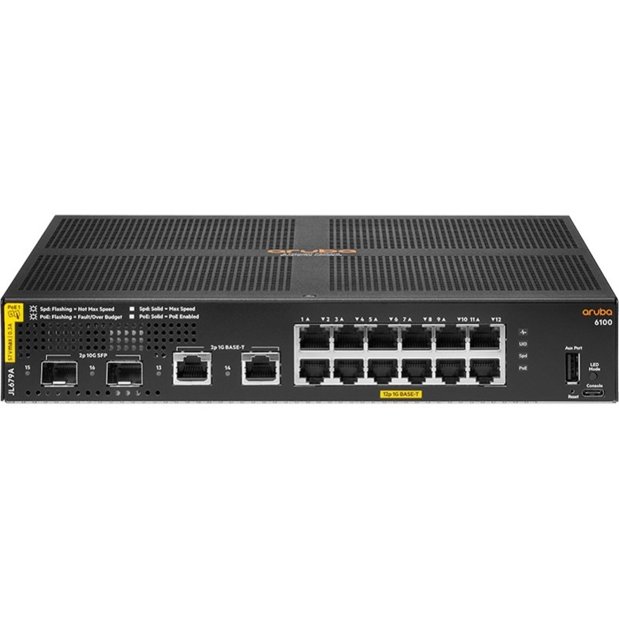 HPE 6100 Ethernet Switch - 12 Ports - Manageable - 2 Layer Supported - Modular - 2 SFP Slots - 21.90 W Power Consumption - 139 W PoE Budget - Optical Fiber, Twisted Pair - PoE Ports - 1U - Wall Mountable, Rack-mountable