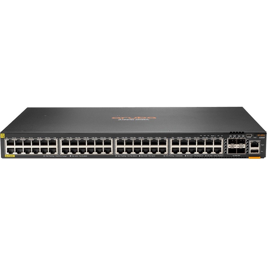 HPE 6300F 48-port 1GbE Class 4 PoE and 4-port SFP56 Switch - 48 Ports - Manageable - 3 Layer Supported - Modular - 4 SFP Slots - 86 W Power Consumption - 740 W PoE Budget - Twisted Pair, Optical Fiber - PoE Ports - 1U - Rack-mountable