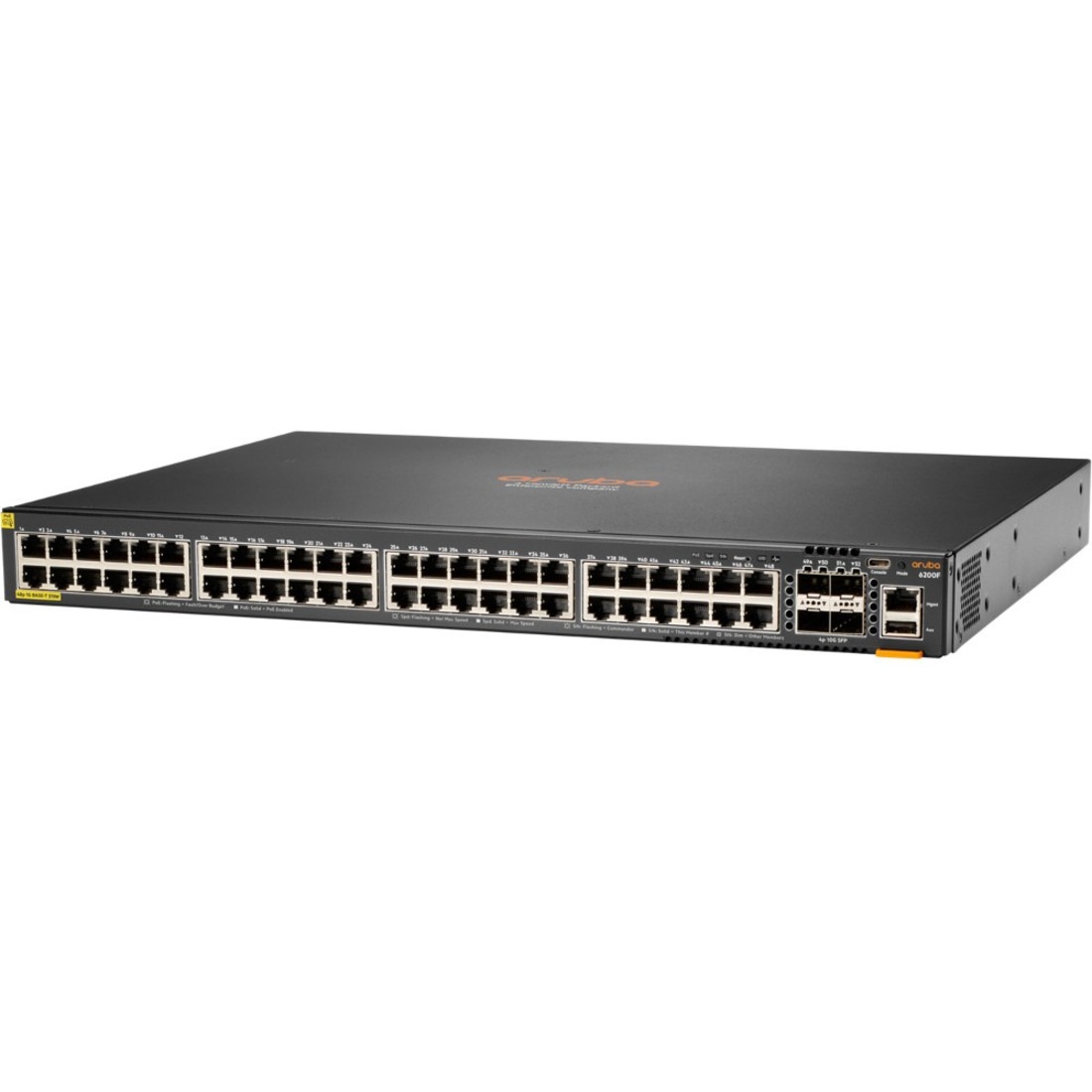 HPE 6200F 48G Class4 PoE 4SFP+ 370W Switch - 48 Ports - Manageable - Gigabit Ethernet, 10 Gigabit Ethernet - 10/100/1000Base-T, 10GBase-X - 3 Layer Supported - Modular - 76 W Power Consumption - 370 W PoE Budget - Twisted Pair, Optical Fiber - PoE Ports - Rack-mountable, Surface Mount, Cabinet Mount - Lifetime Limited Warranty - TAA Compliant