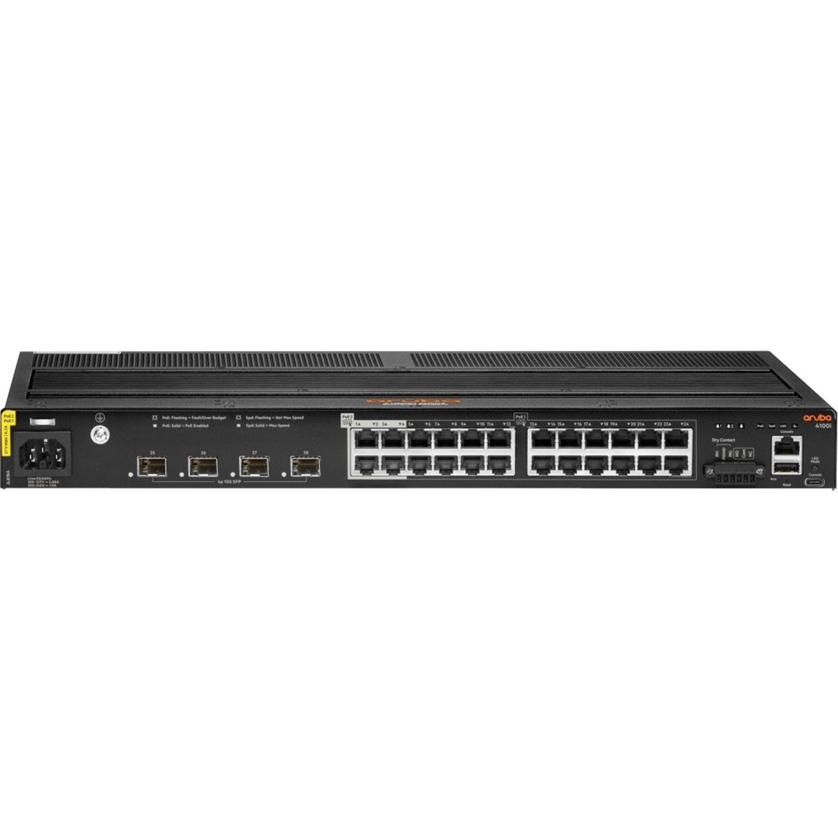 HPE CX 4100i Ethernet Switch - 24 Ports - Manageable - Gigabit Ethernet, 10 Gigabit Ethernet - 10/100/1000Base-T, 10GBase-X - 3 Layer Supported - Modular - 62 W Power Consumption - 240 W PoE Budget - Twisted Pair, Optical Fiber - PoE Ports - 1U - Rack-mountable, DIN Rail Mountable - 5 Year Limited Warranty