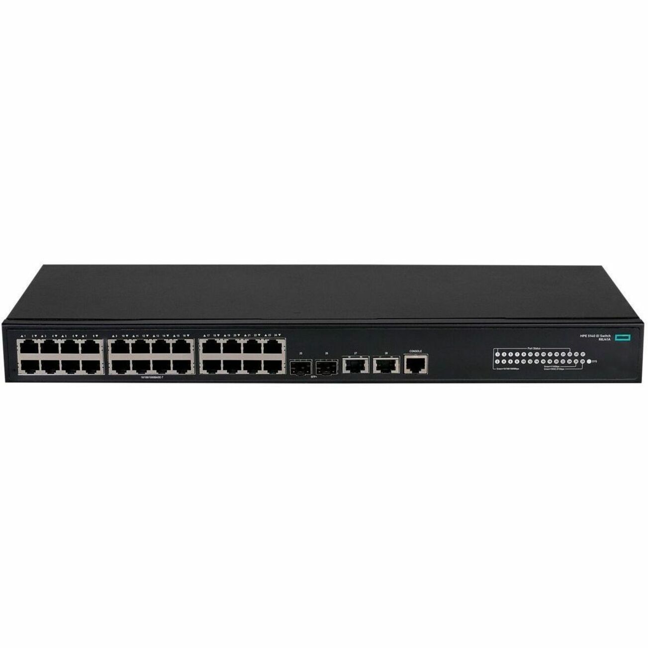 HPE Comware Switch 24G 2SFP+ 2XGT EI 5140 - 26 Ports - Manageable - Gigabit Ethernet, 10 Gigabit Ethernet - 10/100/1000Base-T, 10GBase-X, 10GBase-T - 3 Layer Supported - 33 W Power Consumption - 370 W PoE Budget - Optical Fiber, Twisted Pair - PoE Ports - 1U - Rack-mountable - Lifetime Limited Warranty
