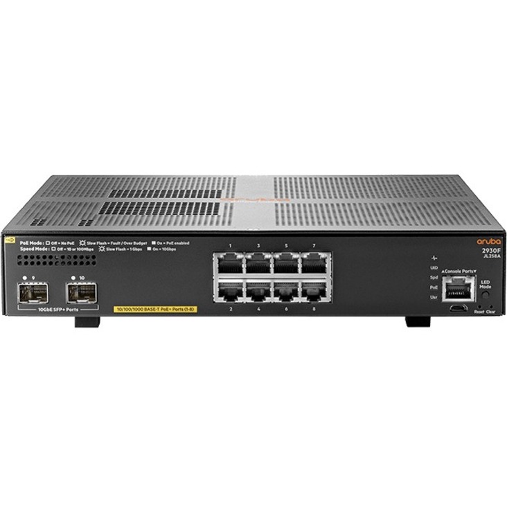 HPE 2930F 8G PoE+ 2SFP+ Switch - 8 Ports - Manageable - Gigabit Ethernet, 10 Gigabit Ethernet - 10/100/1000Base-T, 10GBase-X - 3 Layer Supported - Modular - 155 W Power Consumption - 125 W PoE Budget - Optical Fiber, Twisted Pair - PoE Ports - Desktop