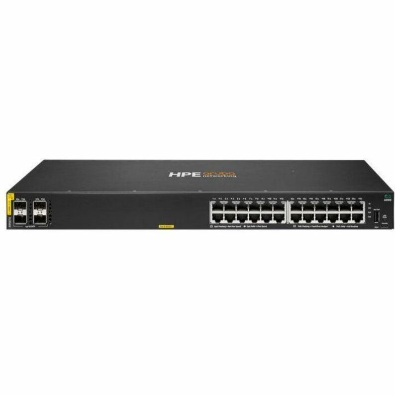 Aruba CX 6000 24G Class4 PoE 4SFP 370W Switch - 24 Ports - Manageable - Gigabit Ethernet - 10/100/1000Base-T, 1000Base-X - 3 Layer Supported - Modular - 2 SFP Slots - 32.70 W Power Consumption - 370 W PoE Budget - Twisted Pair, Optical Fiber - PoE Ports - Black - 1U - Rack-mountable, Cabinet Mount, Surface Mount, Wall Mountable