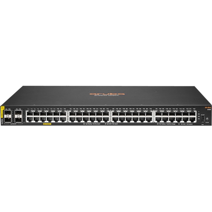 HPE 6100 48G Class4 PoE 4SFP+ 370W Switch - 48 Ports - Manageable - Gigabit Ethernet, 10 Gigabit Ethernet - 10/100/1000Base-T, 10GBase-X - 3 Layer Supported - Modular - 30.60 W Power Consumption - 370 W PoE Budget - Twisted Pair, Optical Fiber - PoE Ports - 1U - Rack-mountable, Wall Mountable, Surface Mount