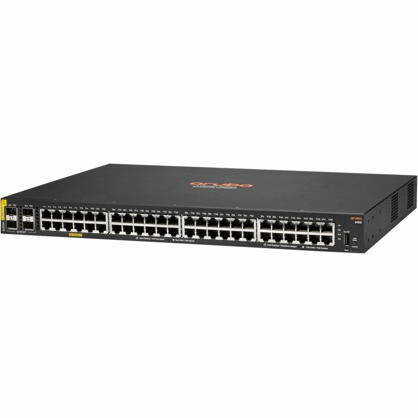 HPE 6100 48G Class4 PoE 4SFP+ 370W Switch - 48 Ports - Manageable - Gigabit Ethernet, 10 Gigabit Ethernet - 10/100/1000Base-T, 10GBase-X - 3 Layer Supported - Modular - 30.60 W Power Consumption - 370 W PoE Budget - Twisted Pair, Optical Fiber - PoE Ports - 1U - Rack-mountable, Wall Mountable, Surface Mount - Lifetime Limited Warranty