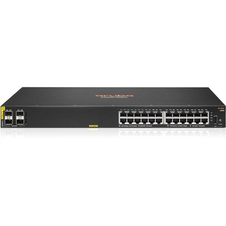 HPE 6000 24G Class4 PoE 4SFP 370W Switch - 24 Ports - Manageable - Gigabit Ethernet - 10/100/1000Base-T, 1000Base-X - 3 Layer Supported - Modular - 2 SFP Slots - 32.70 W Power Consumption - 370 W PoE Budget - Twisted Pair, Optical Fiber - PoE Ports - 1U - Rack-mountable, Cabinet Mount, Surface Mount, Wall Mountable - Lifetime Limited Warranty