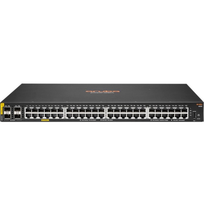 HPE 6000 48G Class4 PoE 4SFP 370W Switch - 48 Ports - Manageable - Gigabit Ethernet - 10/100/1000Base-T, 100/1000Base-X - 3 Layer Supported - Modular - 4 SFP Slots - 45 W Power Consumption - 370 W PoE Budget - Twisted Pair, Optical Fiber - PoE Ports - 1U - Rack-mountable, Cabinet Mount, Surface Mount, Wall Mountable - Lifetime Limited Warranty