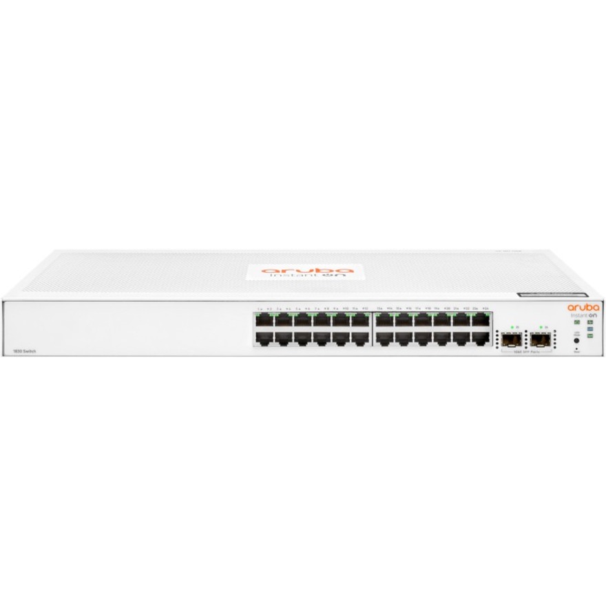 HPE Instant On 1830 24G 2SFP Switch - 24 Ports - Manageable - Gigabit Ethernet - 10/100/1000Base-T, 100/1000Base-X - 2 Layer Supported - Modular - 2 SFP Slots - 7.80 W Power Consumption - Twisted Pair, Optical Fiber - Rack-mountable, Cabinet Mount, Table Top, Wall Mountable, Under Table - Lifetime Limited Warranty