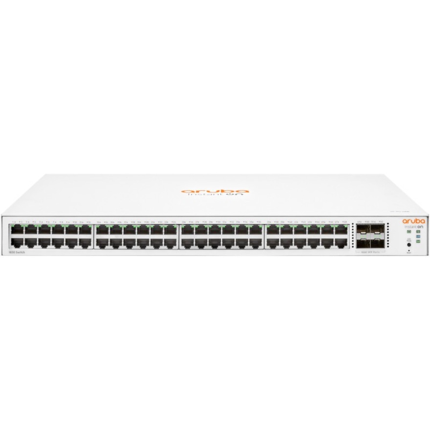 HPE Instant On 1830 48G 4SFP Switch - 48 Ports - Manageable - Gigabit Ethernet - 10/100/1000Base-T, 100/1000Base-X - 2 Layer Supported - Modular - 4 SFP Slots - 40.20 W Power Consumption - Twisted Pair, Optical Fiber - Rack-mountable, Cabinet Mount, Table Top, Wall Mountable, Under Table - Lifetime Limited Warranty