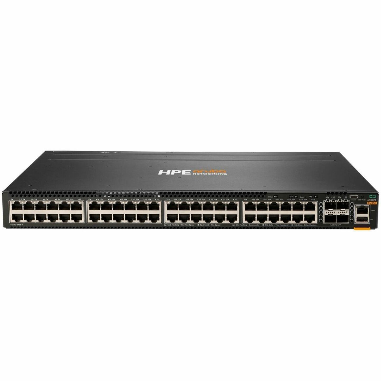 Aruba CX 6300M 48G Power-to-Port Airflow 2 Fans 1 Power Supply Unit Bundle - 48 Ports - Manageable - Gigabit Ethernet, 10 Gigabit Ethernet, 25 Gigabit Ethernet, 50 Gigabit Ethernet - 10/100/1000Base-T, 10GBase-X, 25GBase-X, 50GBase-X, 1000Base-X - 3 Layer Supported - 4 SFP Slots - 75 W Power Consumption - 90 W PoE Budget - Twisted Pair, Optical Fiber - PoE Ports - 1U - Rack-mountable - TAA Compliant